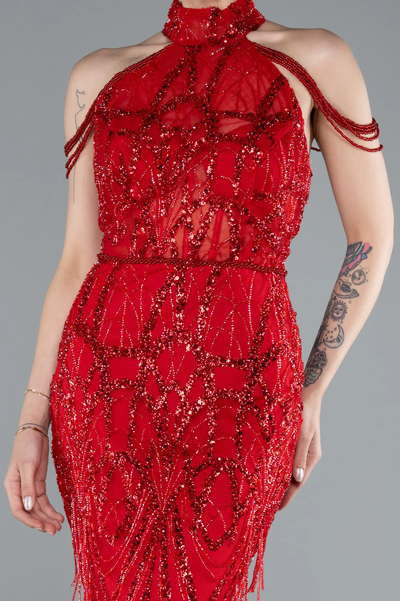 Red-Long Beaded Evening Dress ABU4912