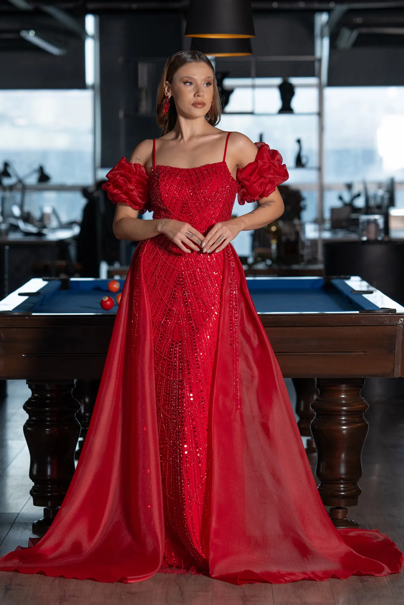 Red-Long Beaded Evening Dress ABU5391