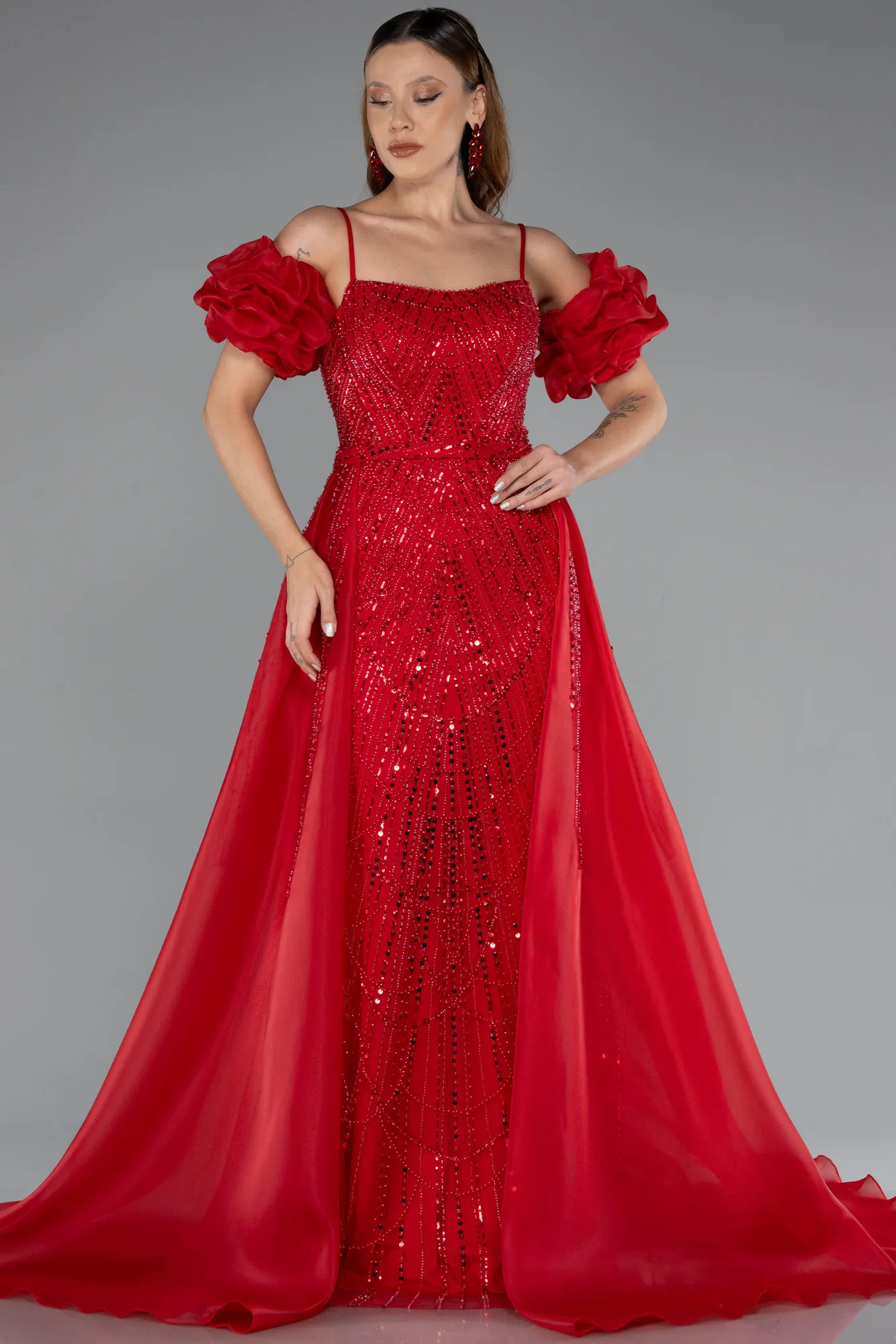 Red-Long Beaded Evening Dress ABU5391