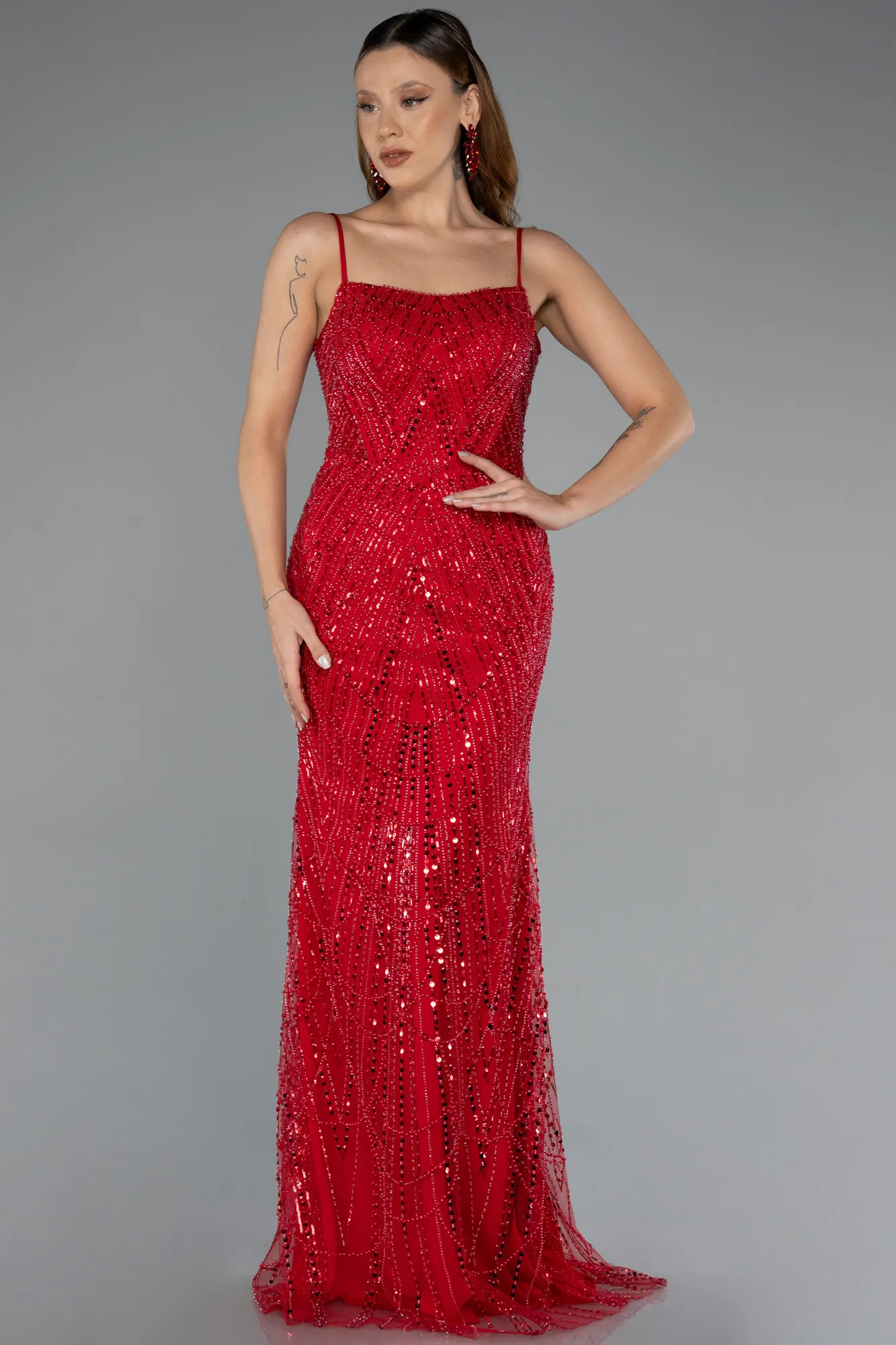 Red-Long Beaded Evening Dress ABU5391