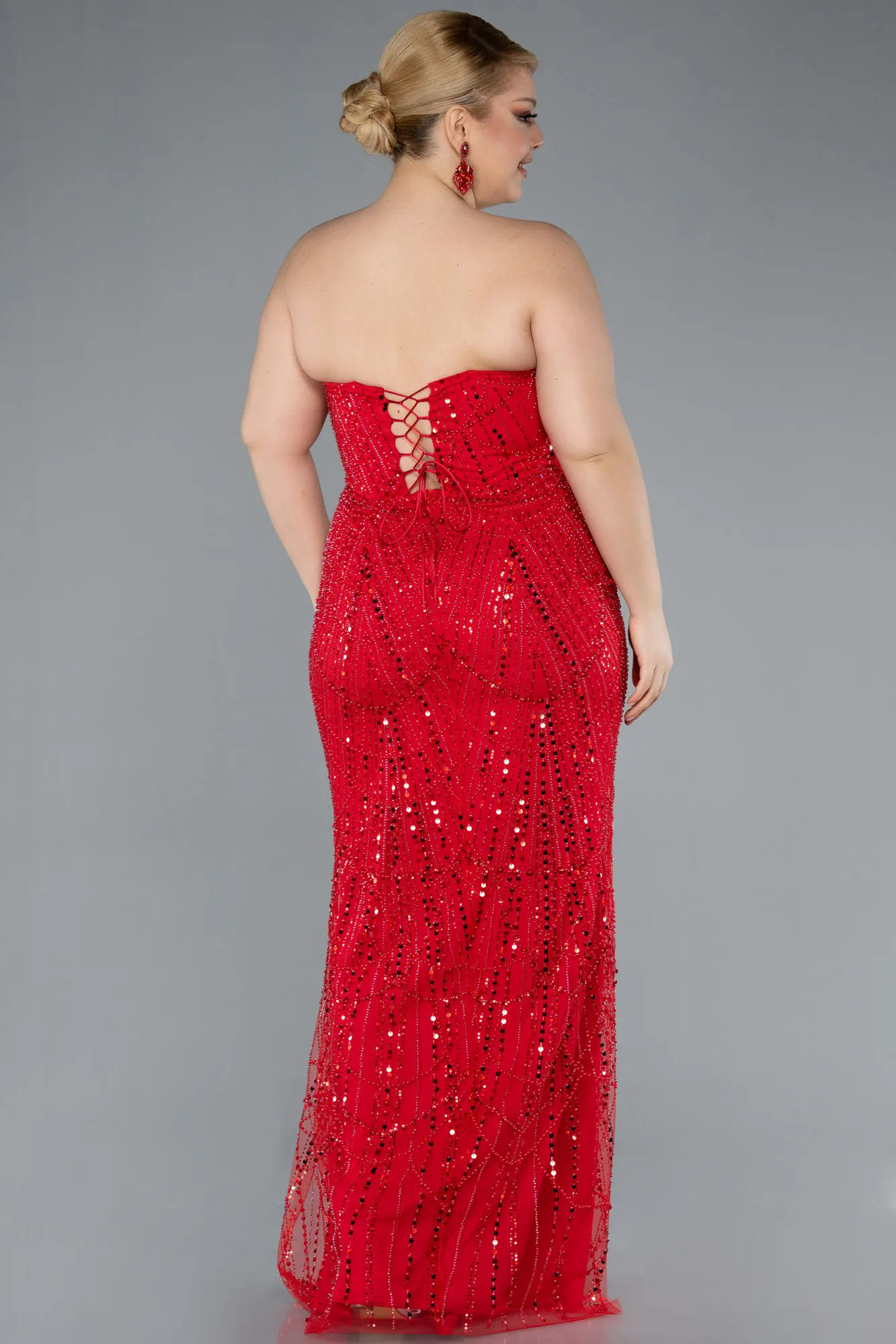 Red-Long Beaded Plus Size Evening Dress ABU4789