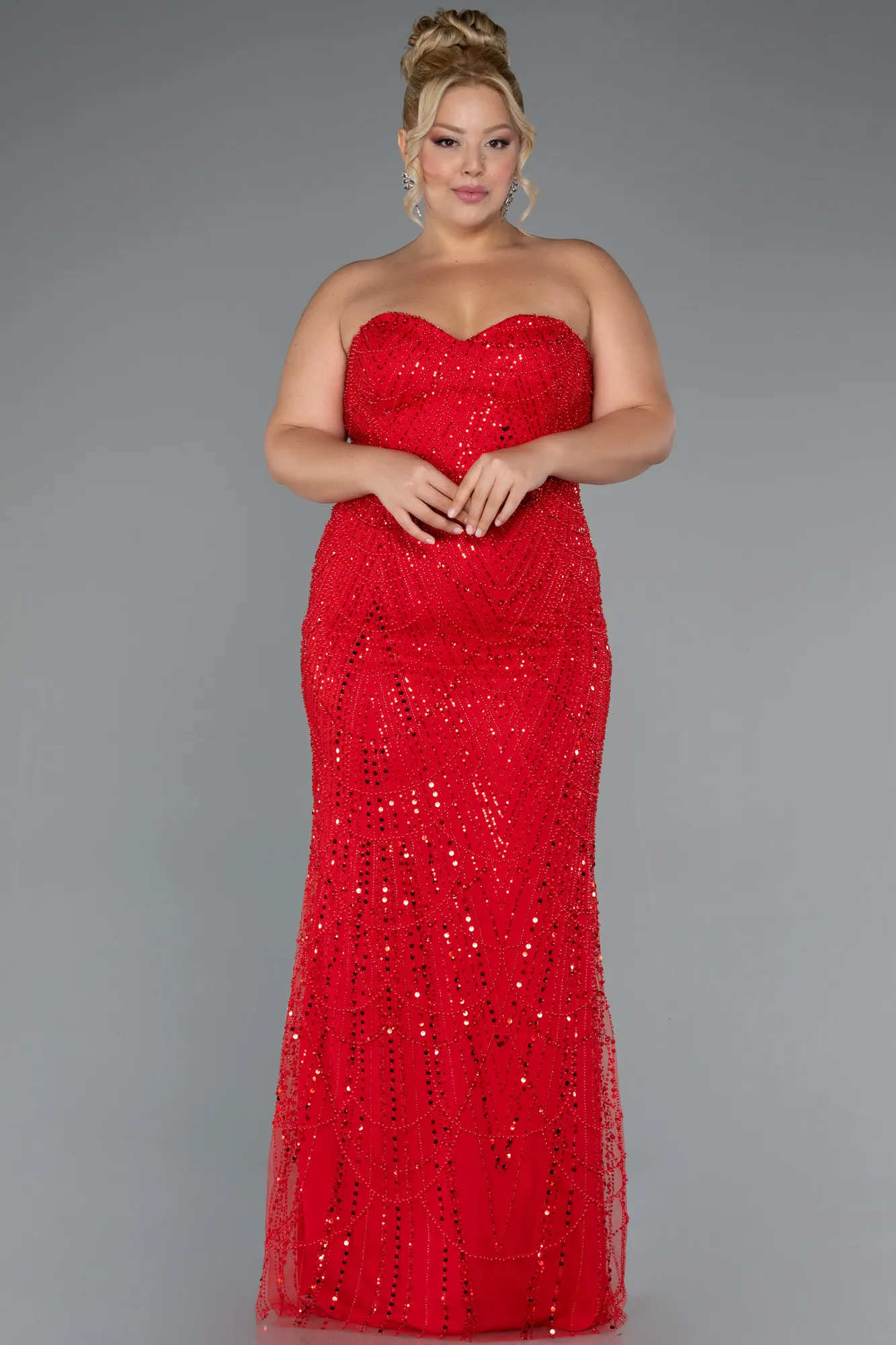Red-Long Beaded Plus Size Wedding Dress ABU5328