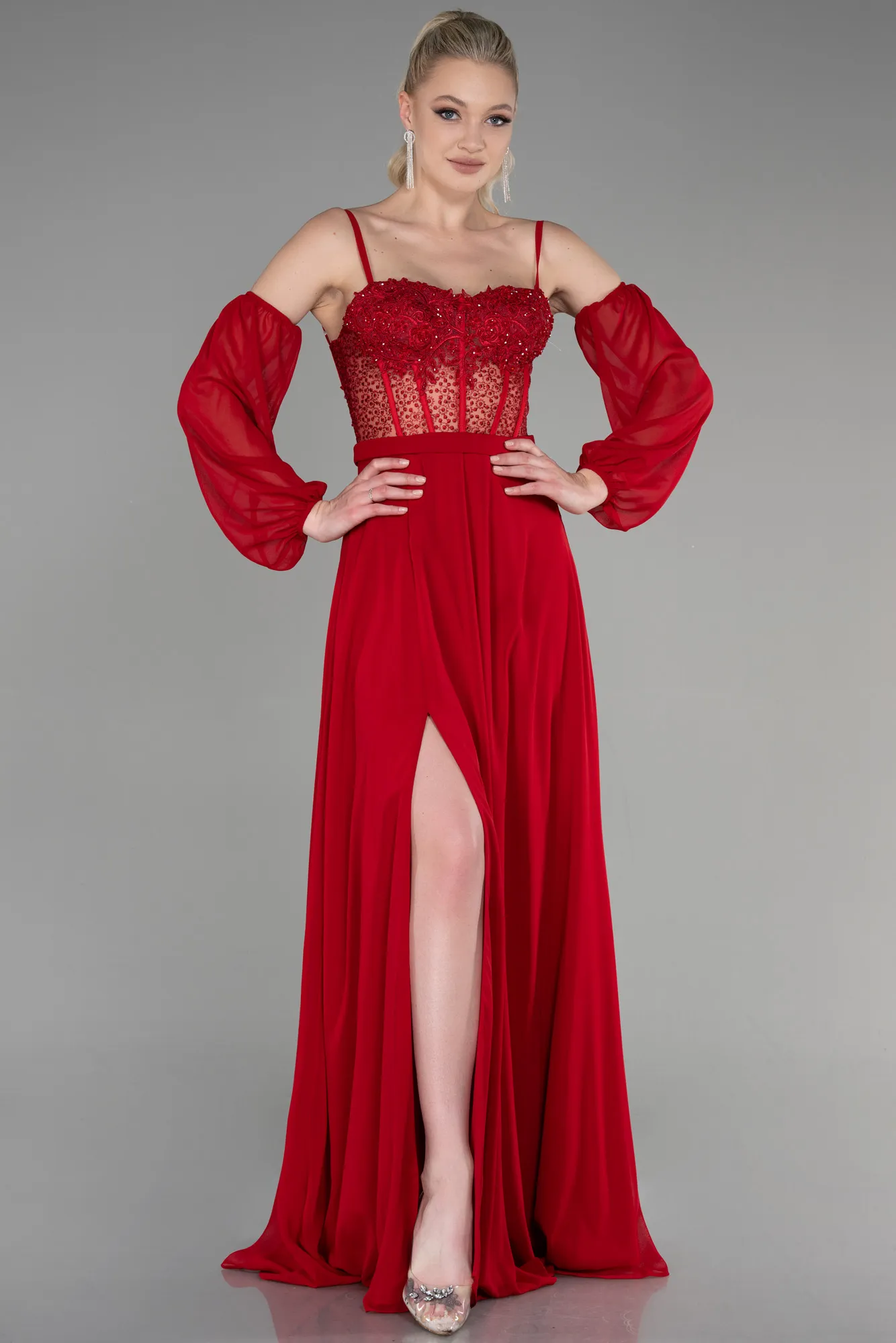 Red-Long Chiffon Evening Dress ABU3625