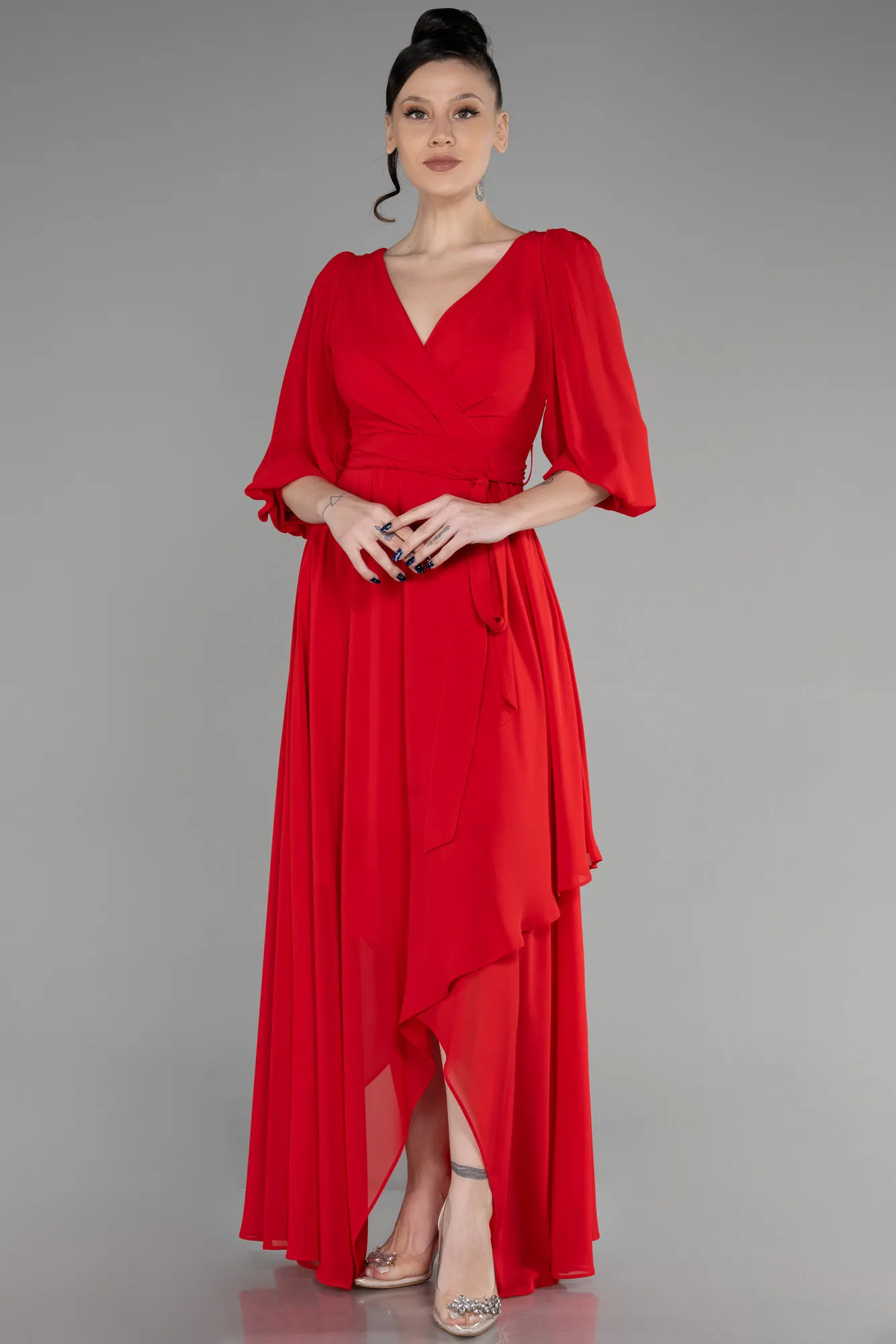 Red-Long Chiffon Invitation Dress ABU1729