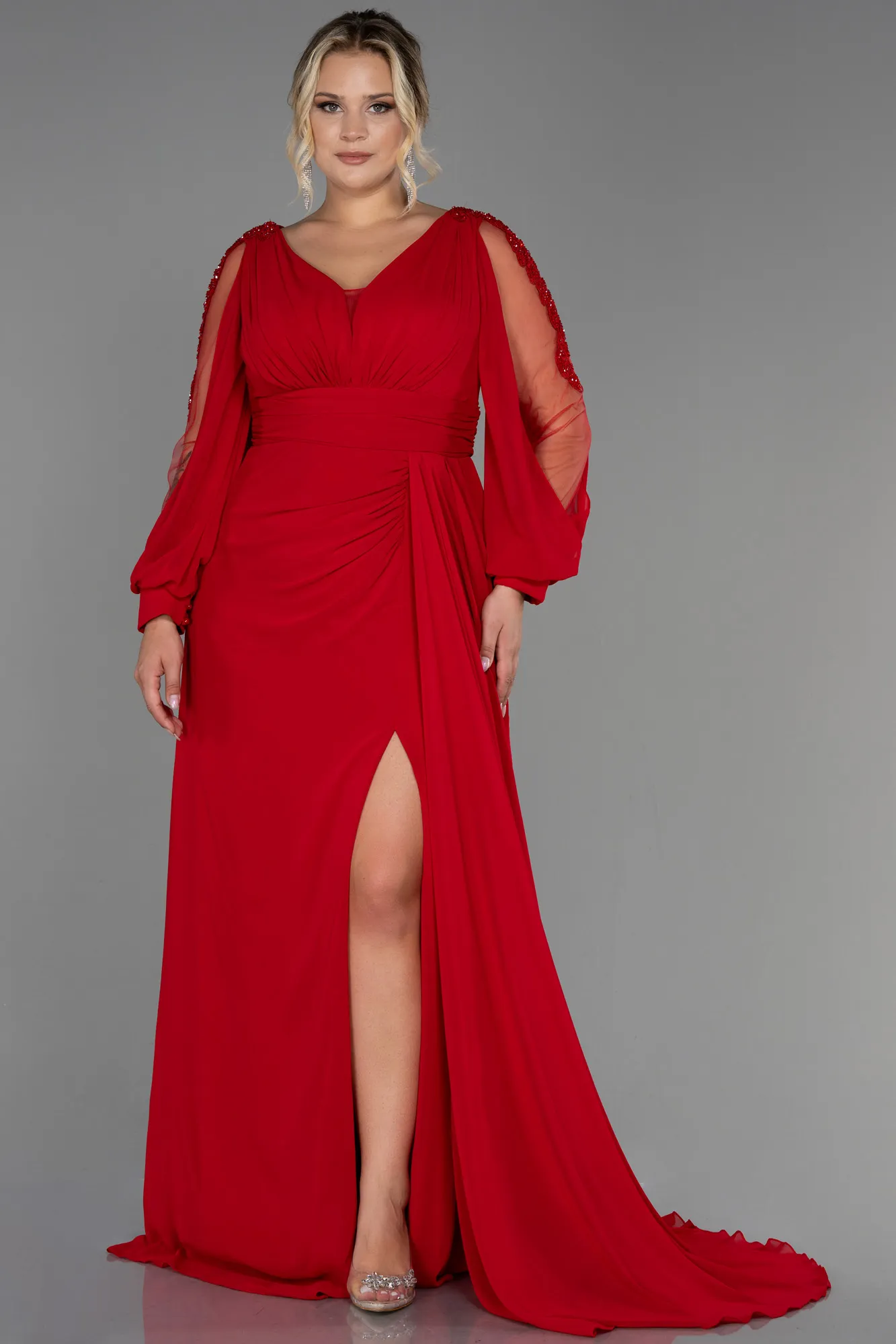 Red-Long Chiffon Plus Size Evening Dress ABU3221