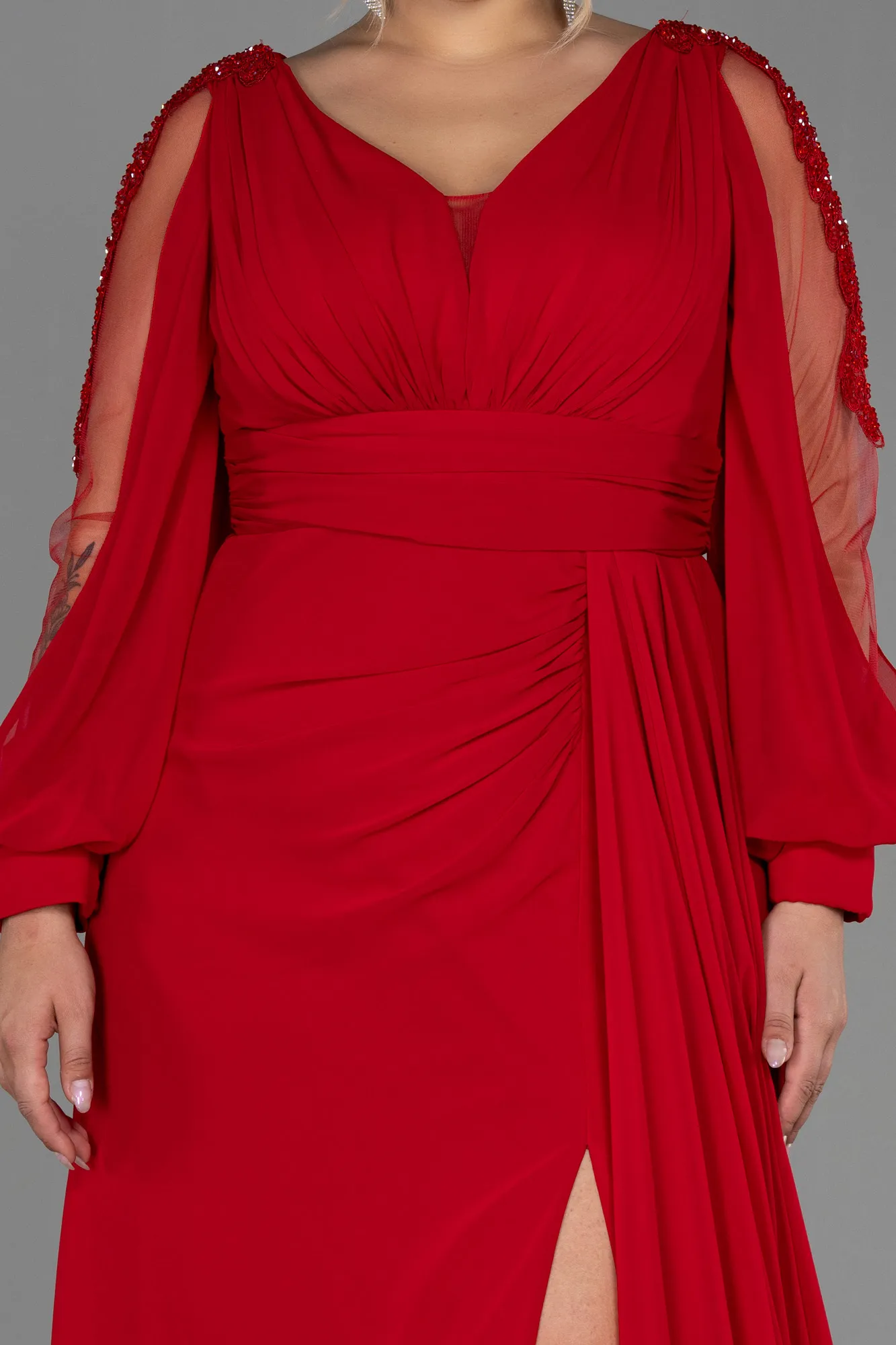 Red-Long Chiffon Plus Size Evening Dress ABU3221