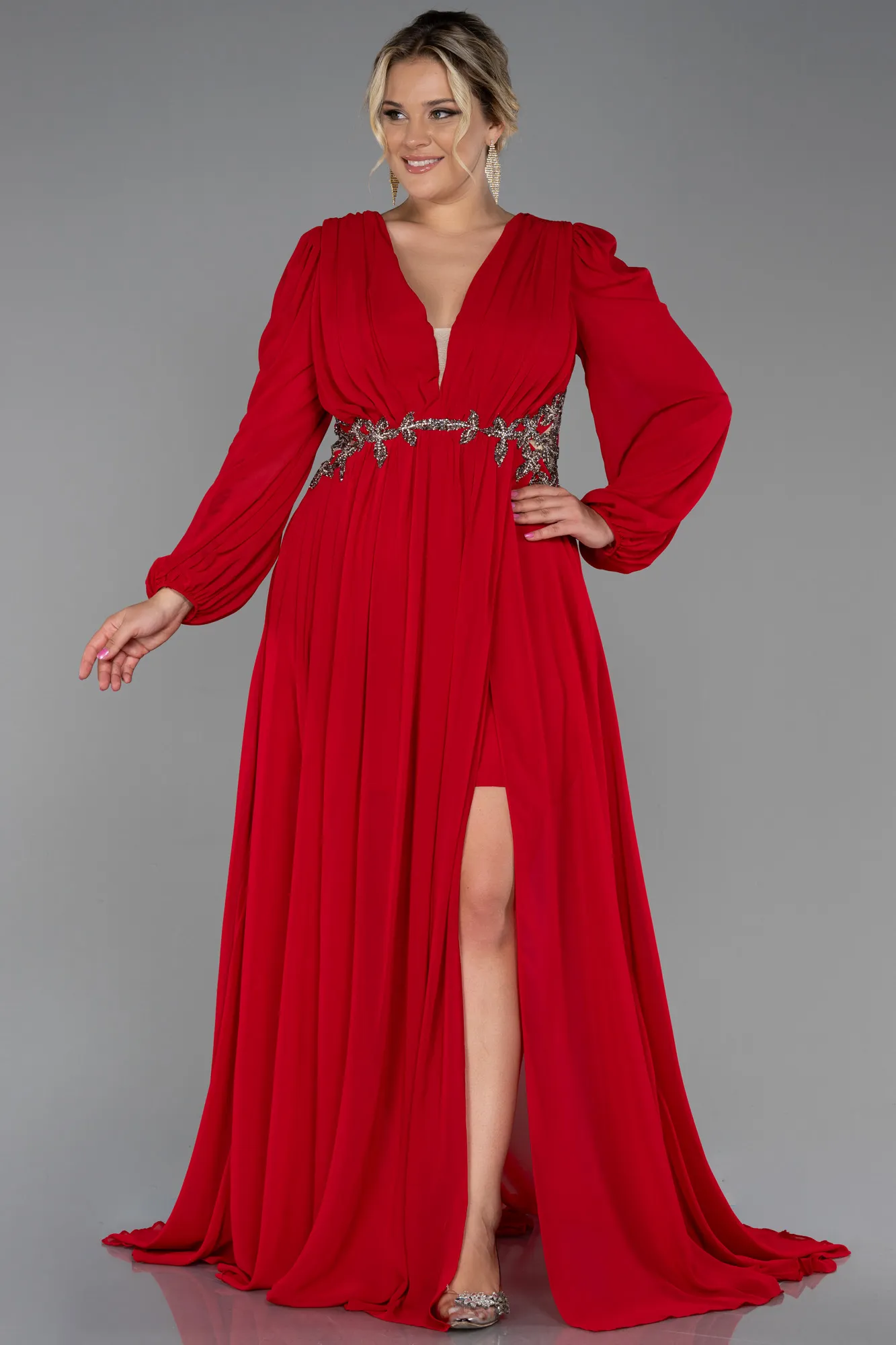 Red-Long Chiffon Plus Size Evening Dress ABU3256