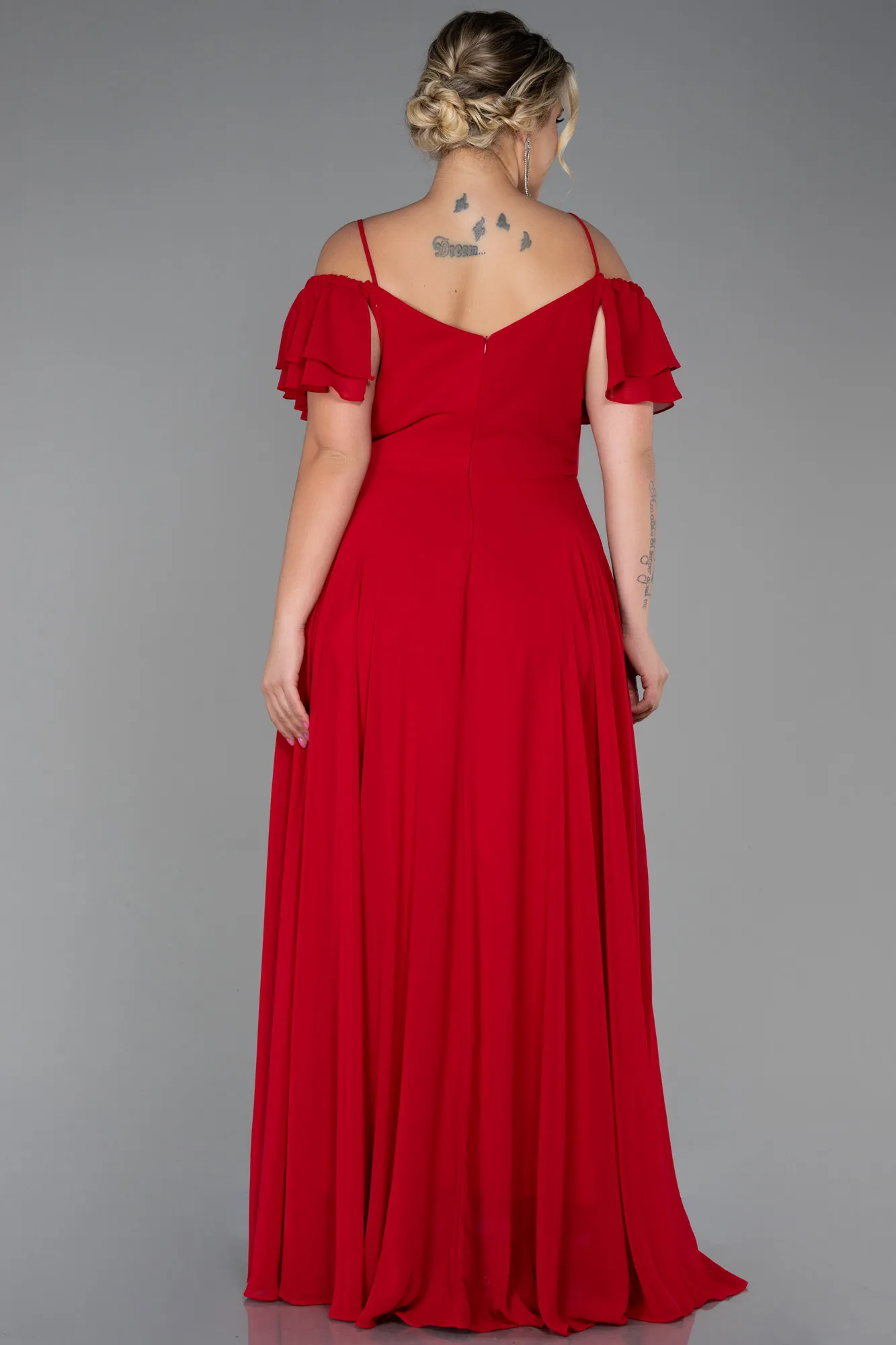 Red-Long Chiffon Plus Size Evening Dress ABU3259