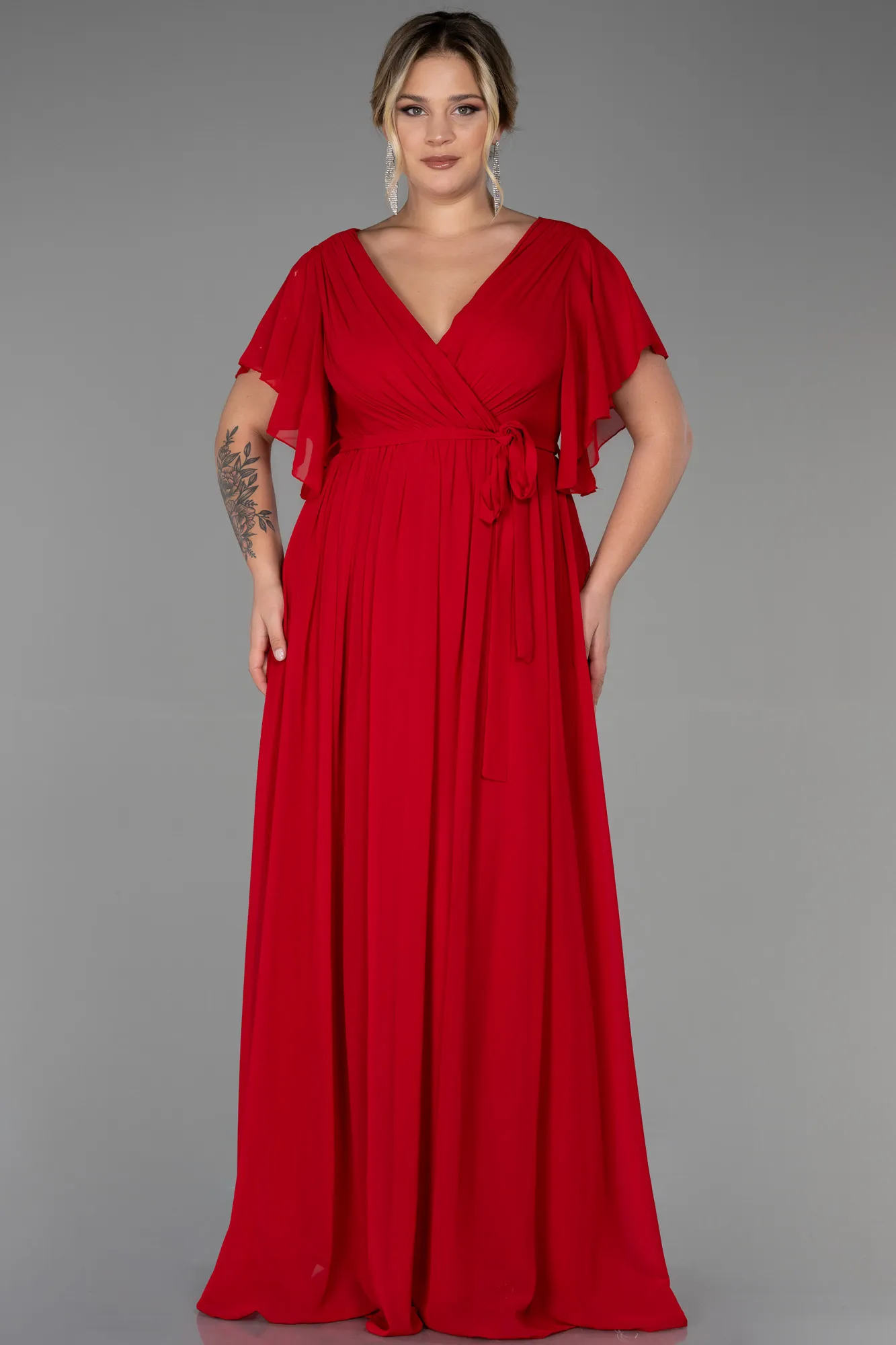 Red-Long Chiffon Plus Size Evening Dress ABU3276