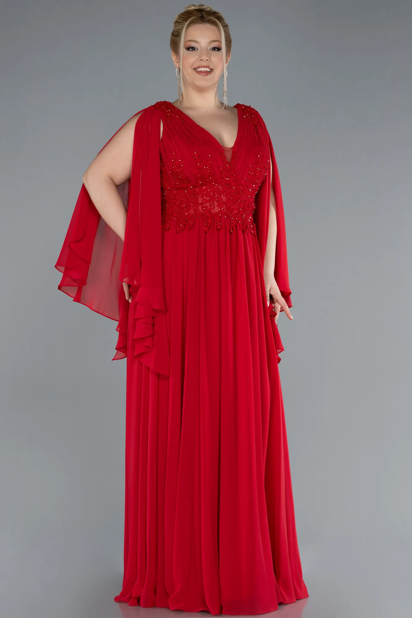 Red-Long Chiffon Plus Size Evening Dress ABU4638