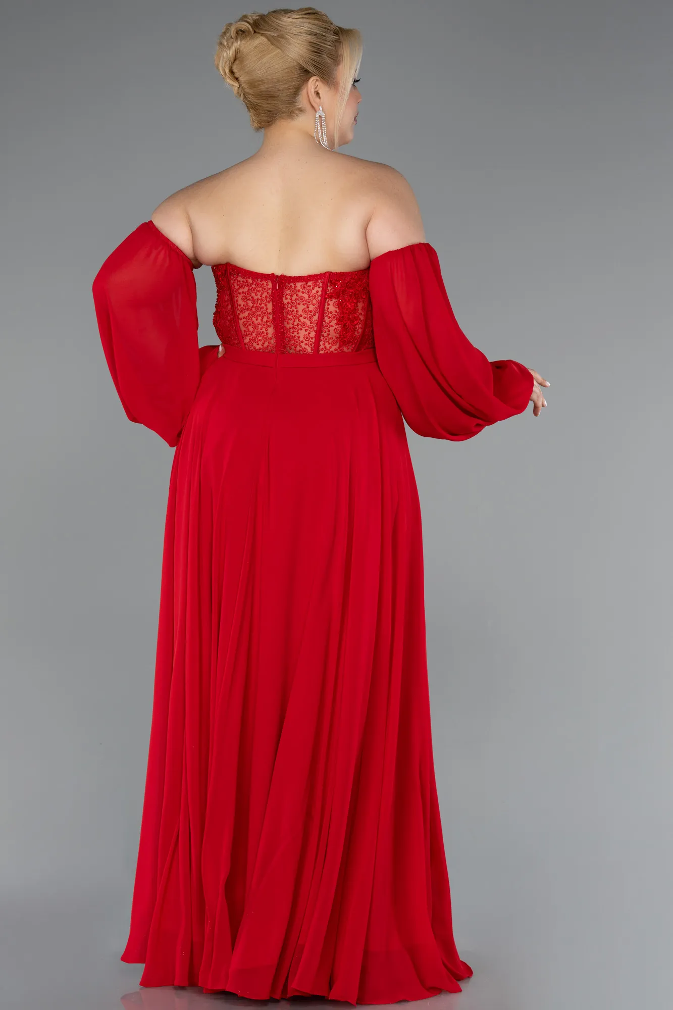 Red-Long Chiffon Plus Size Evening Dress ABU5521