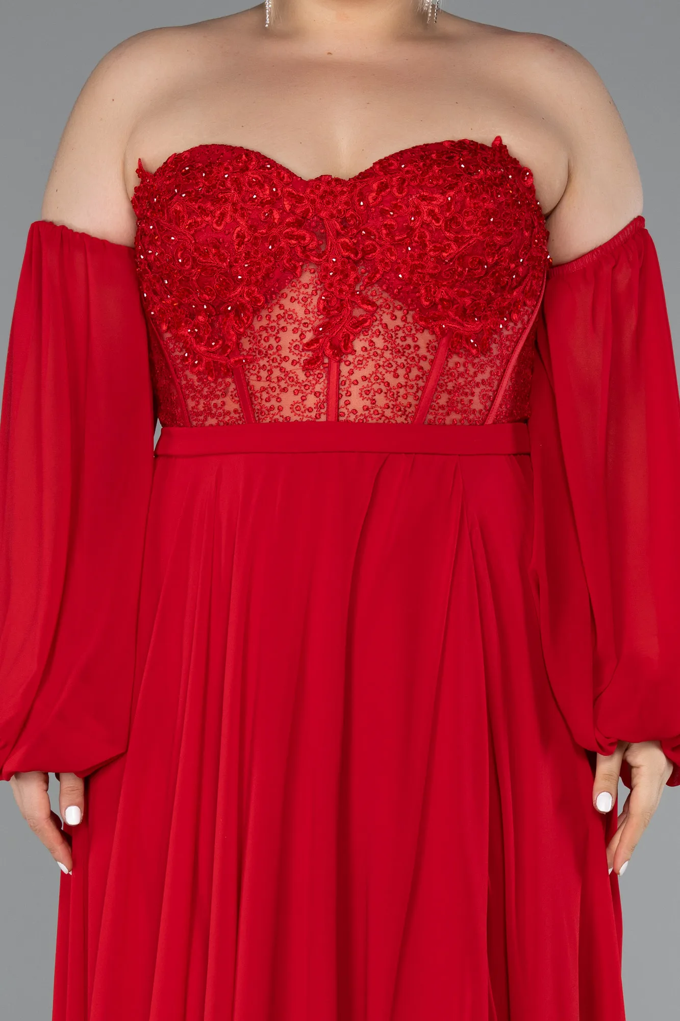 Red-Long Chiffon Plus Size Evening Dress ABU5521