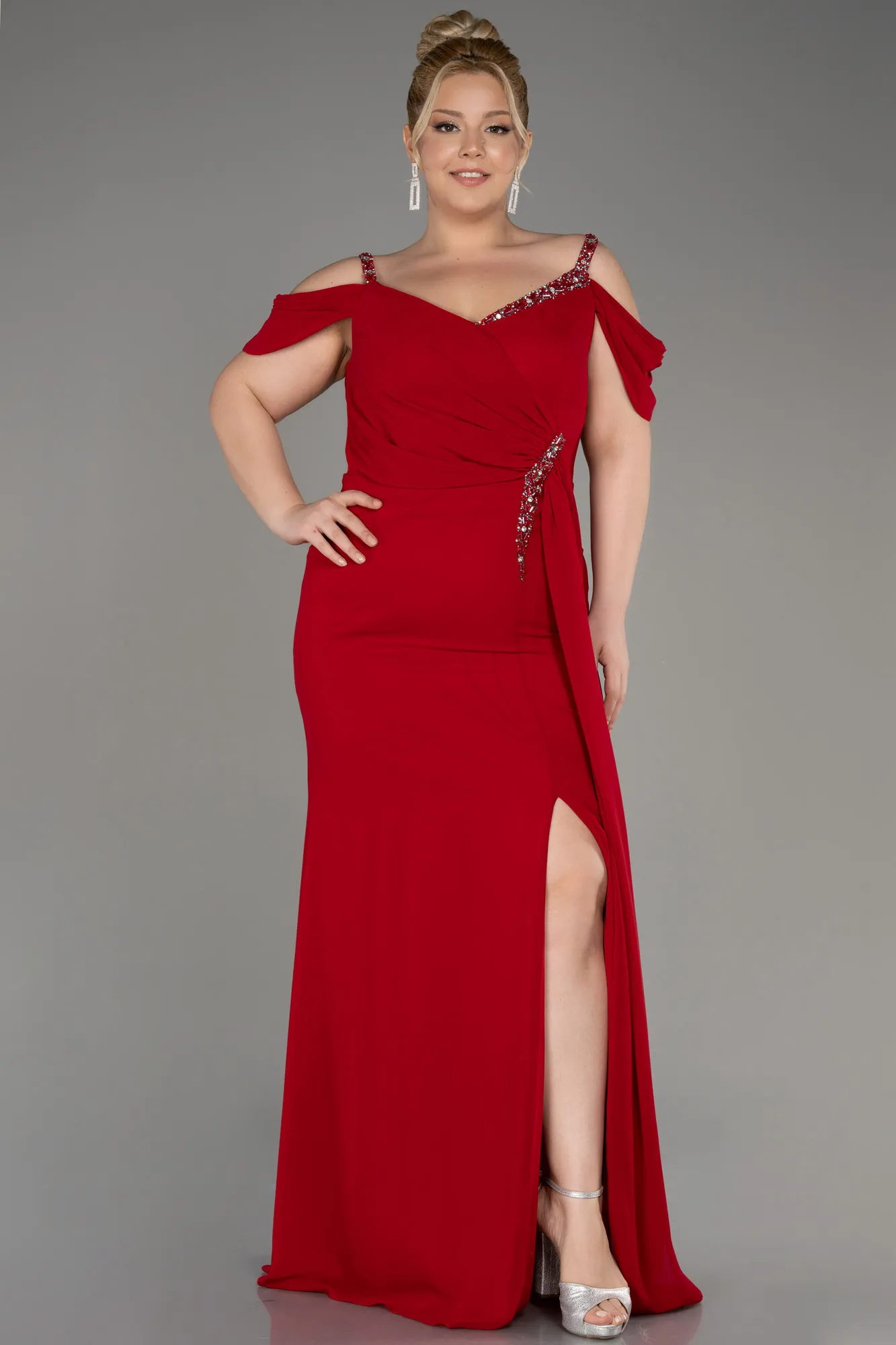 Red-Long Chiffon Plus Size Evening Gown ABU3742