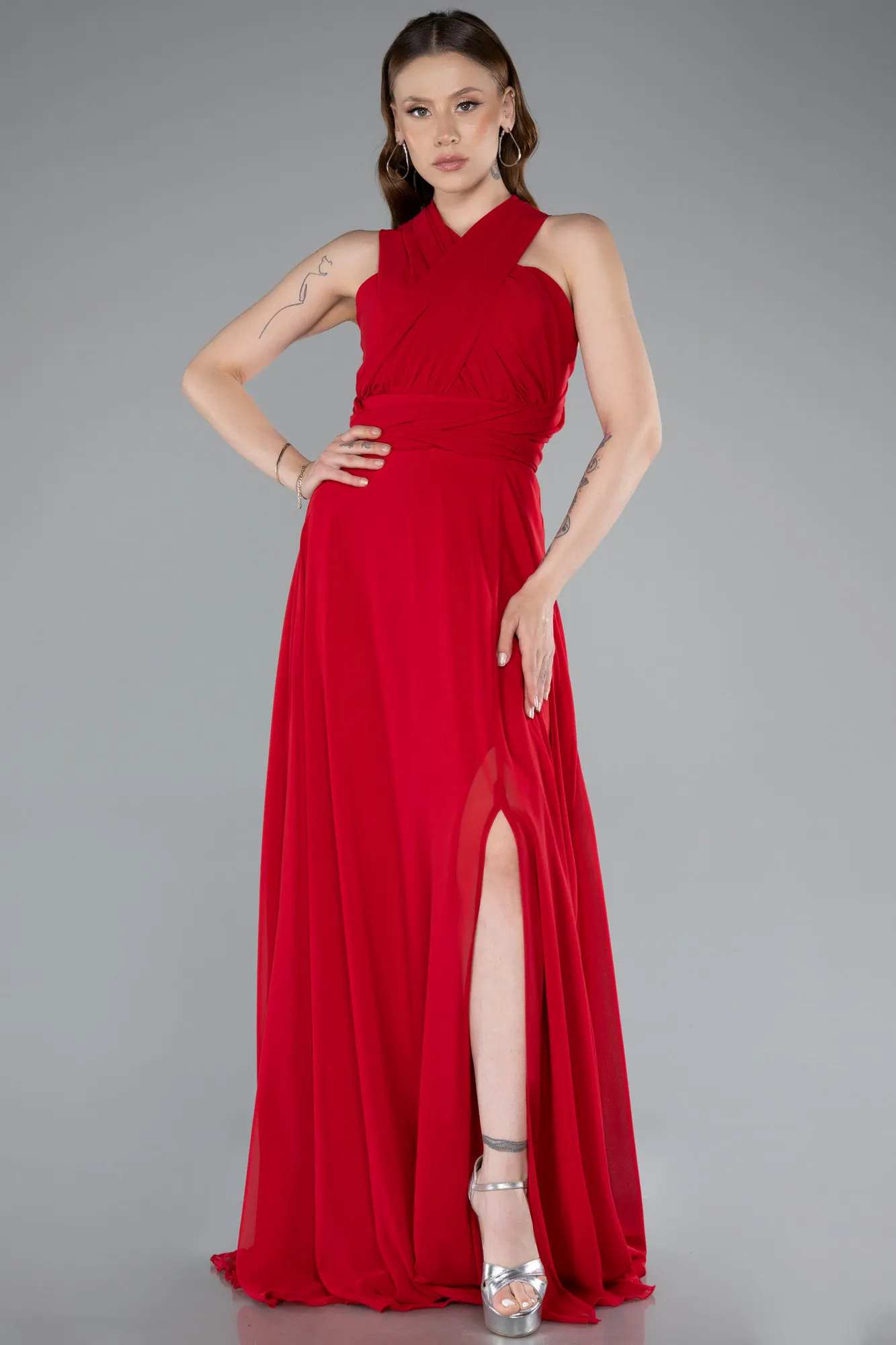 Red-Long Chiffon Prom Gown ABU4965