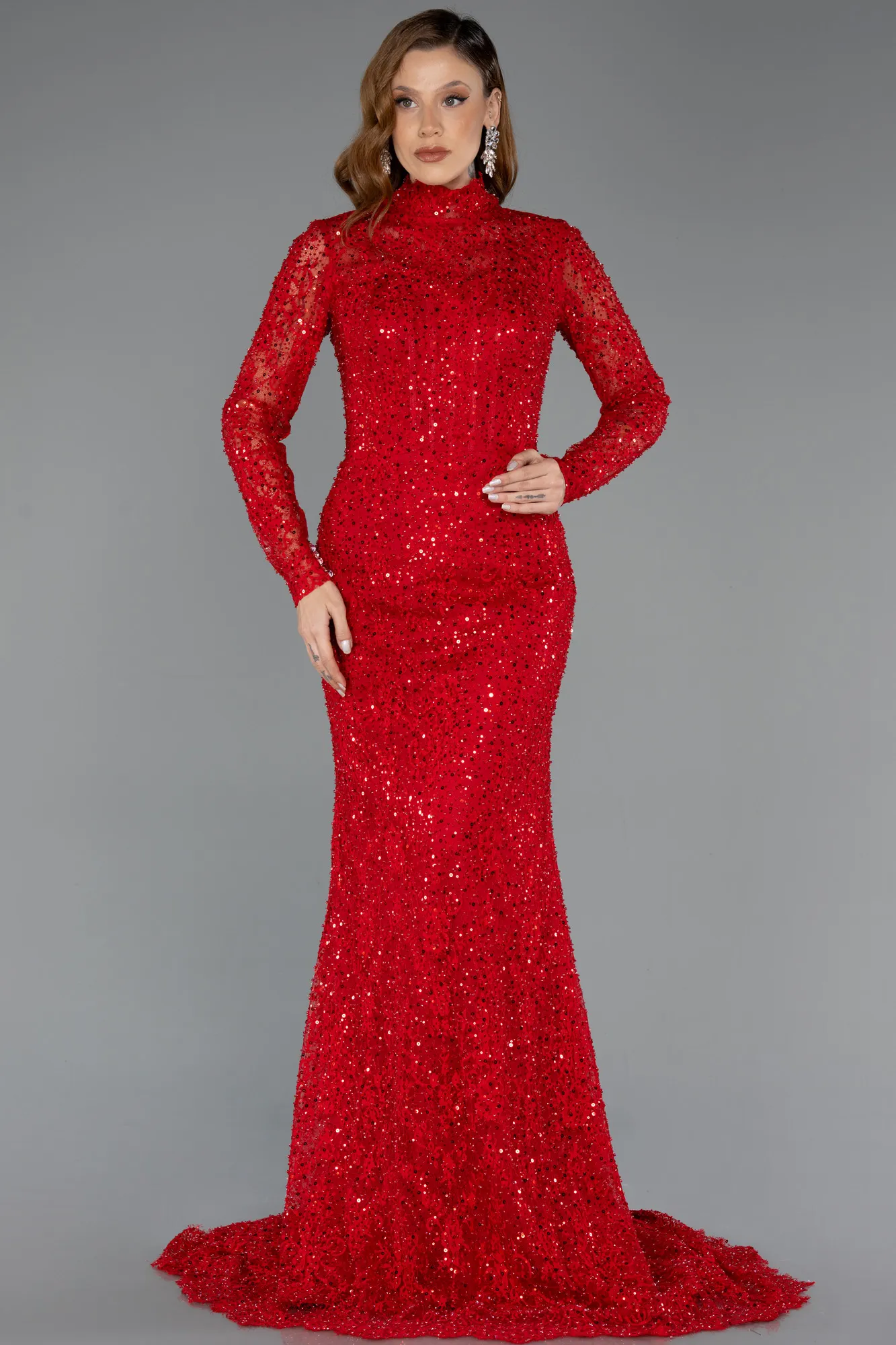 Red-Long Dantelle Haute Couture Dress ABU5461