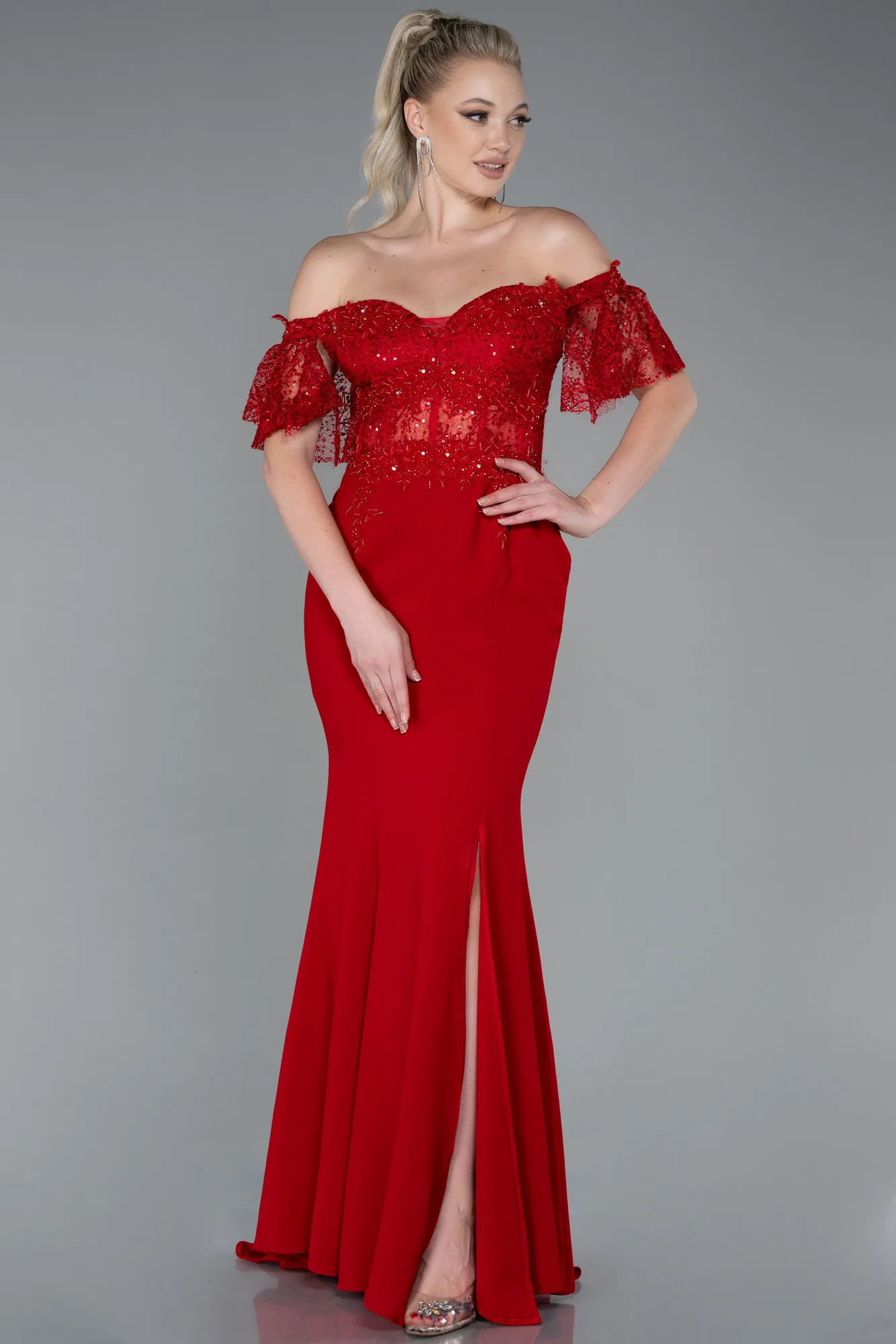 Red-Long Dantelle Mermaid Prom Dress ABU2581