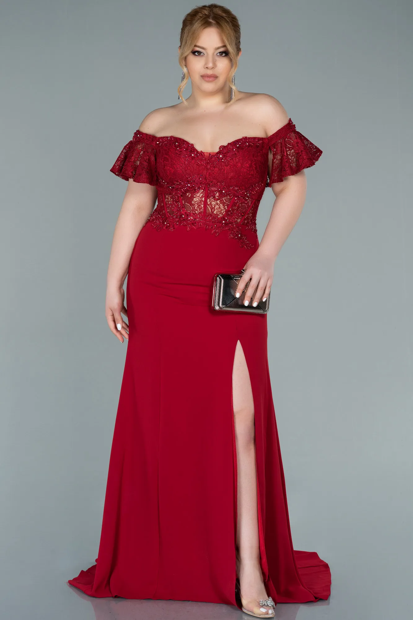 Red-Long Dantelle Oversized Evening Dress ABU2248