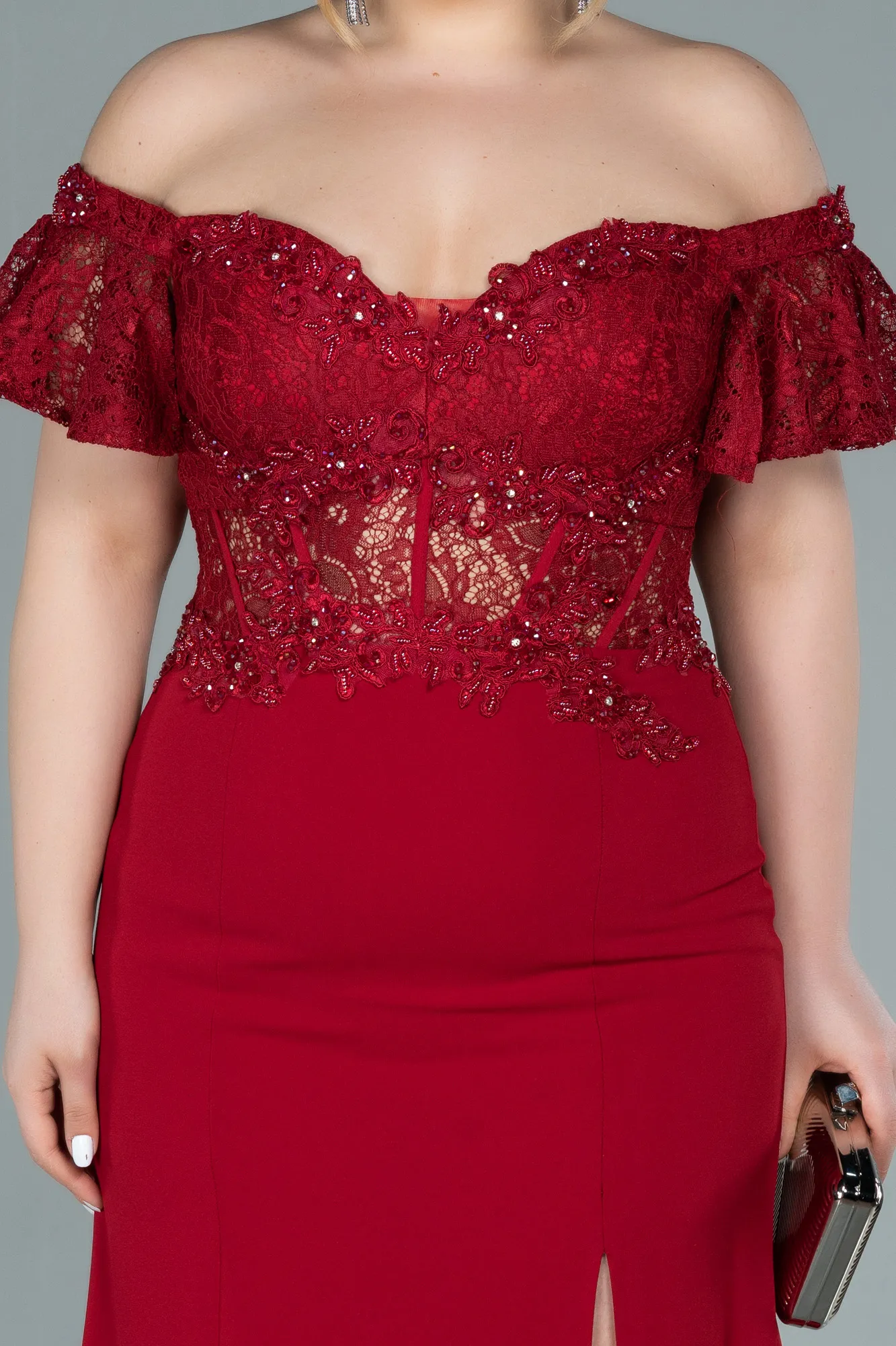 Red-Long Dantelle Oversized Evening Dress ABU2248