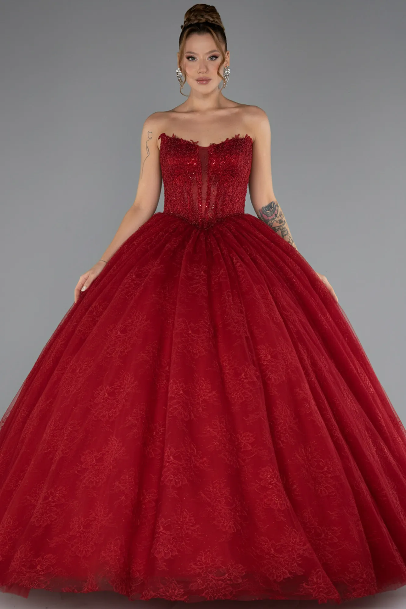Red-Long Dantelle Special Design Engagement Dress ABU5375