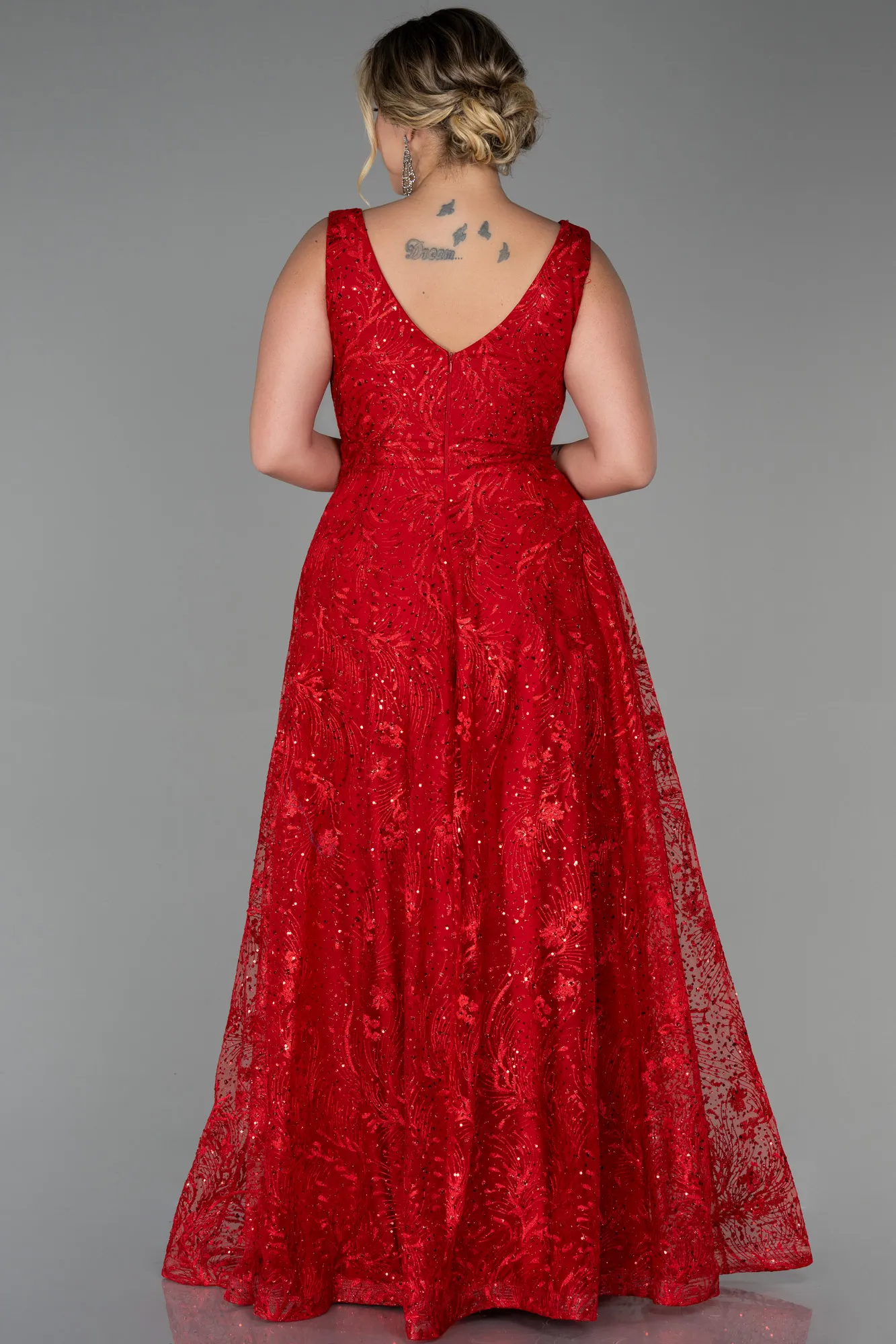 Red-Long Laced Plus Size Evening Dress ABU3287