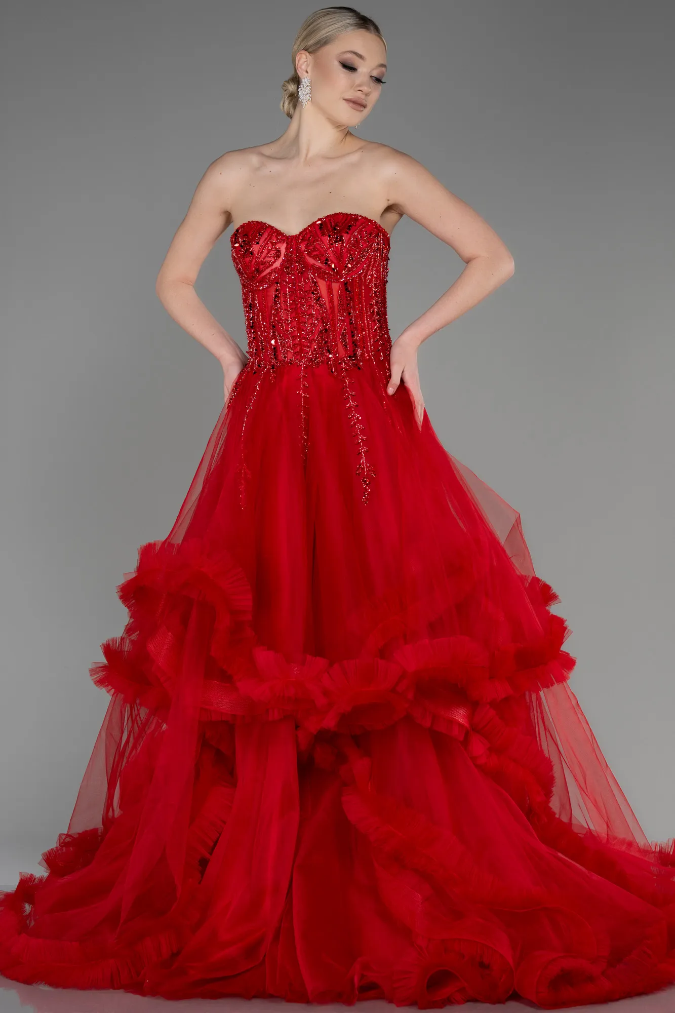 Red-Long Plus Size Engagement Dress ABU3690