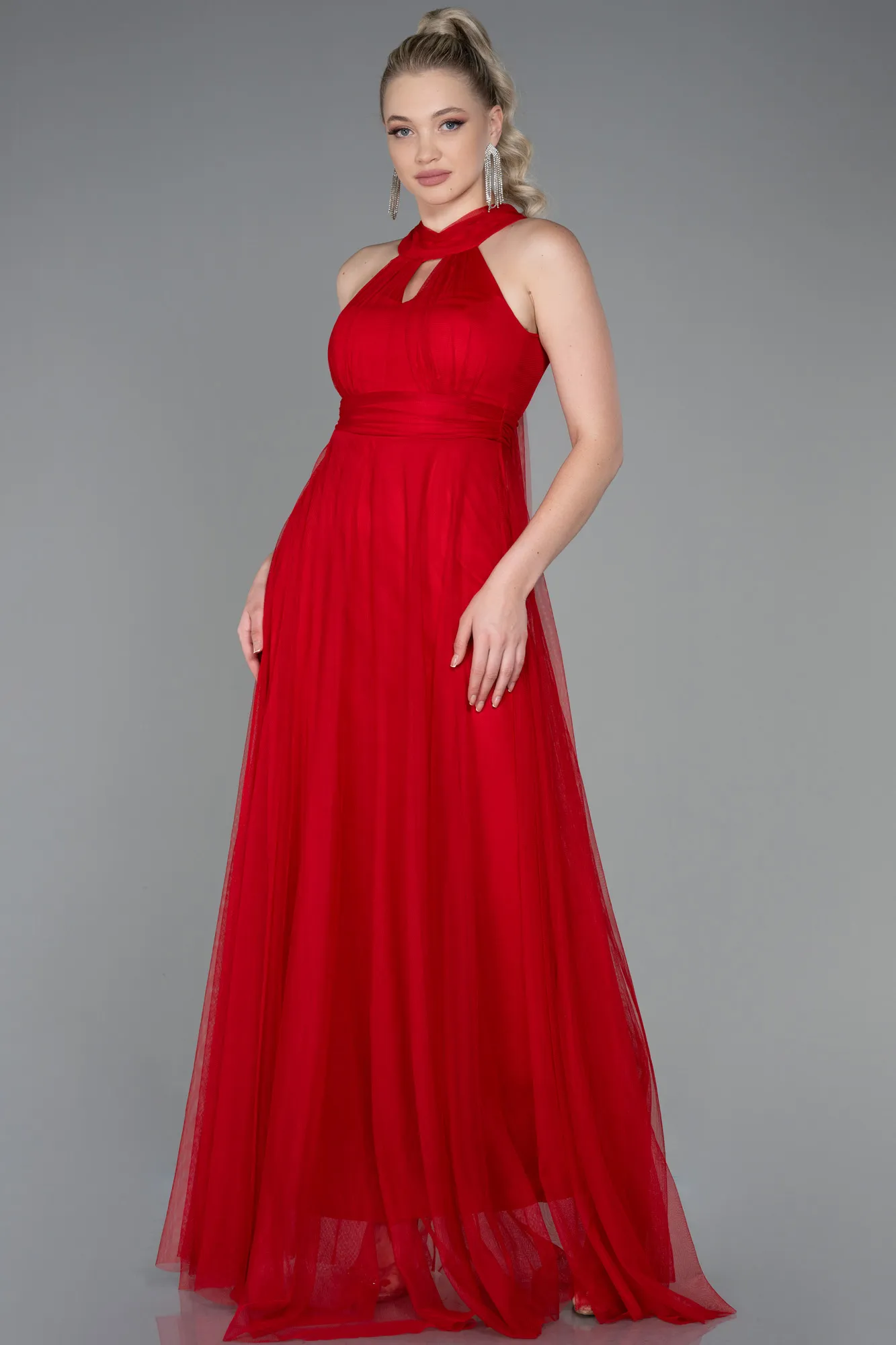 Red-Halter Neck Long Graduation Prom Dress ABU3252