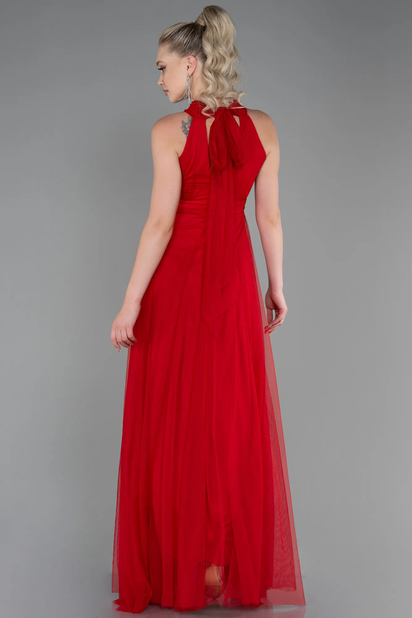 Red-Halter Neck Long Graduation Prom Dress ABU3252