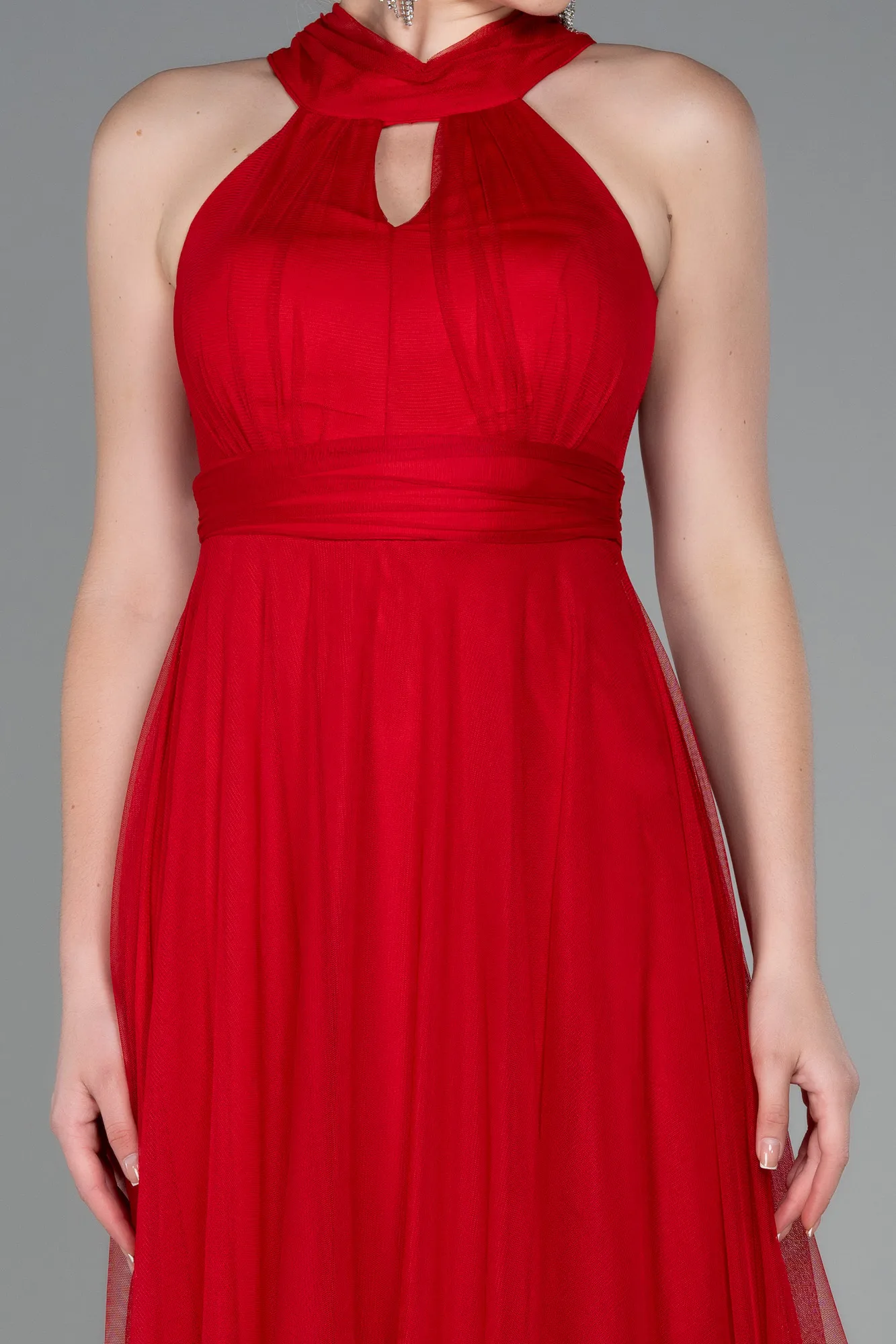 Red-Halter Neck Long Graduation Prom Dress ABU3252