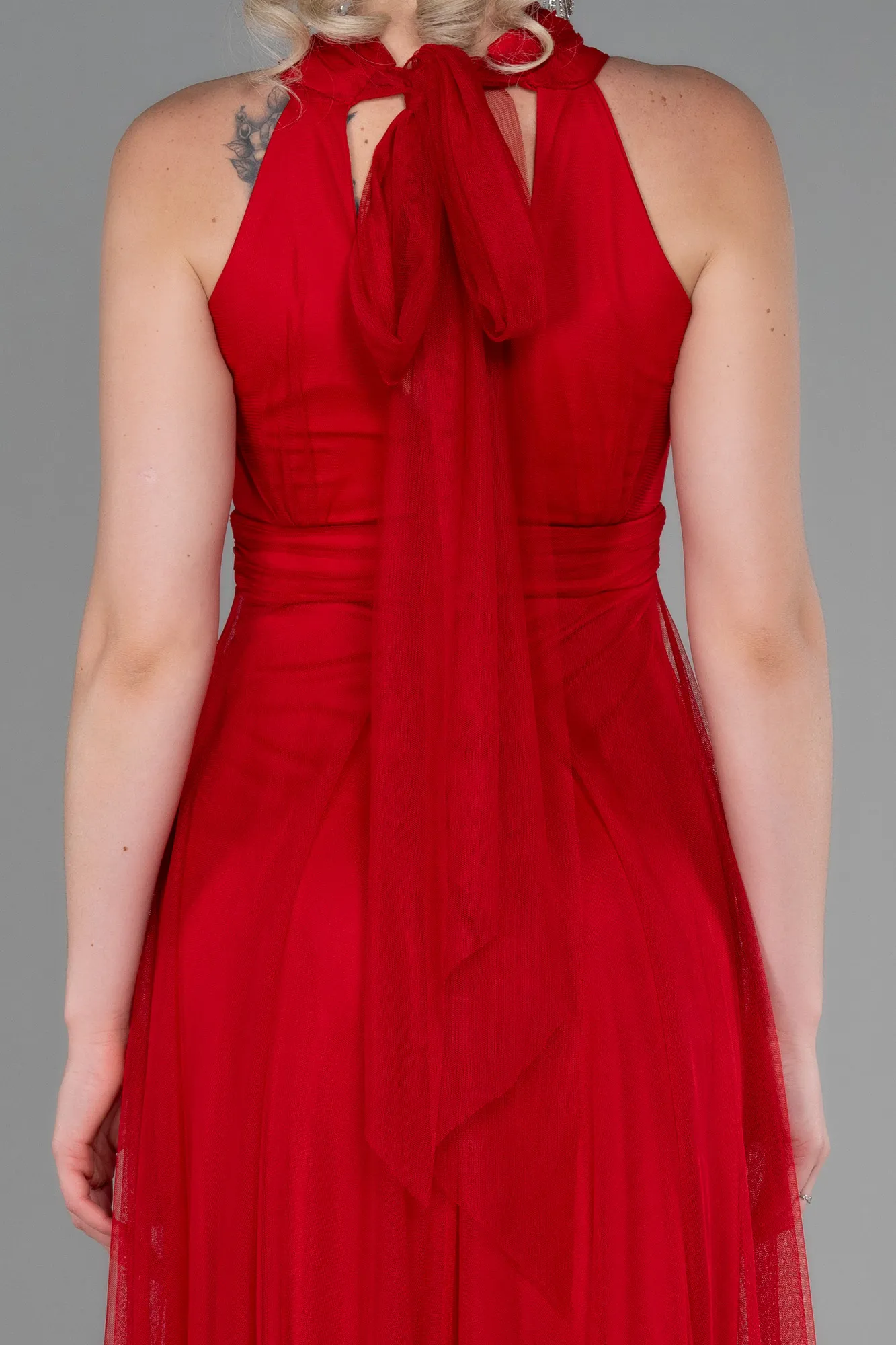 Red-Halter Neck Long Graduation Prom Dress ABU3252