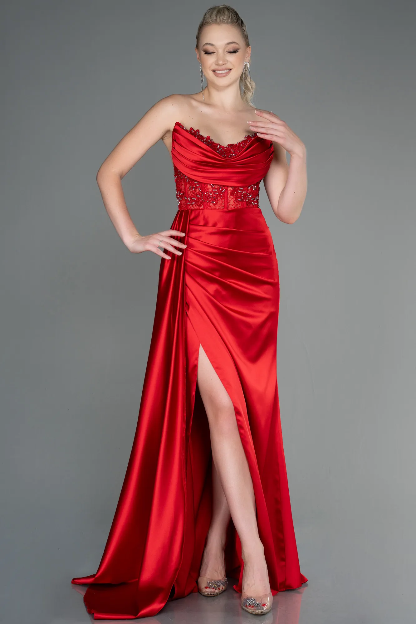 Red-Long Satin Evening Dress ABU3447
