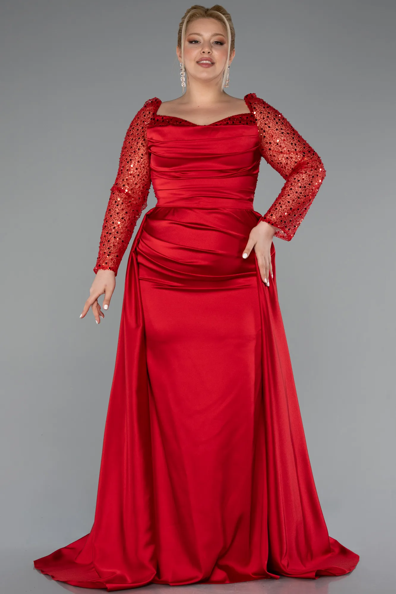 Red-Long Satin Formal Plus Size Dress ABU4670