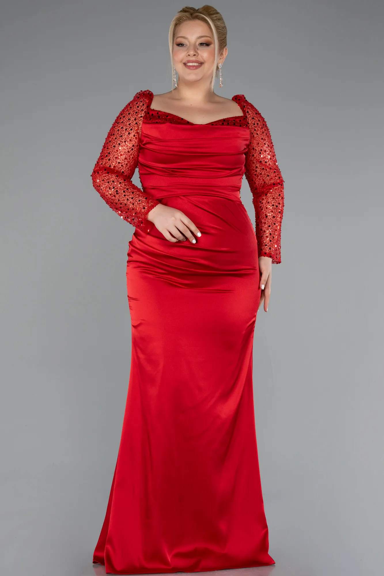 Red-Long Satin Formal Plus Size Dress ABU4670