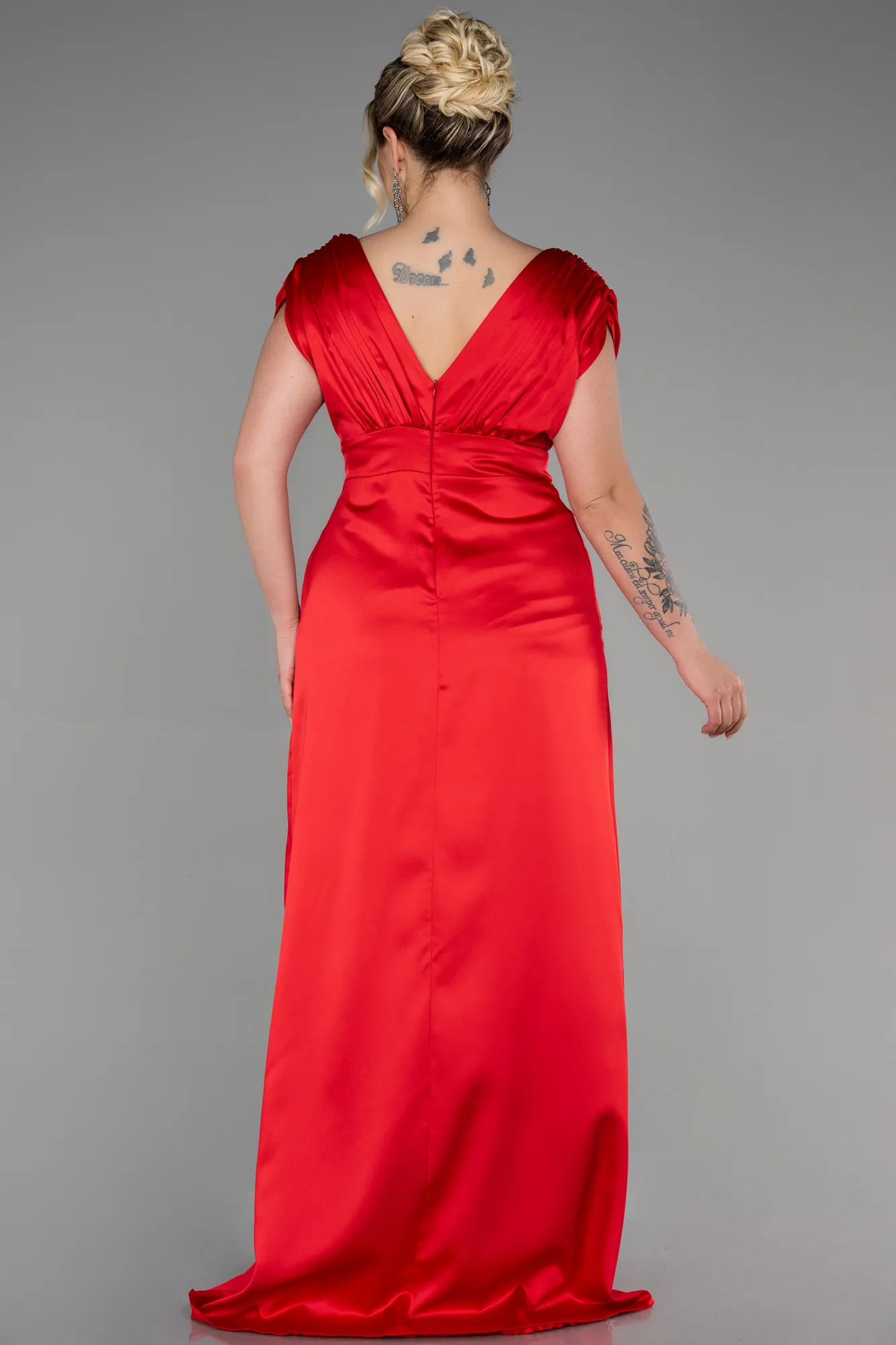 Red-Long Satin Plus Size Engagement Dress ABU3433