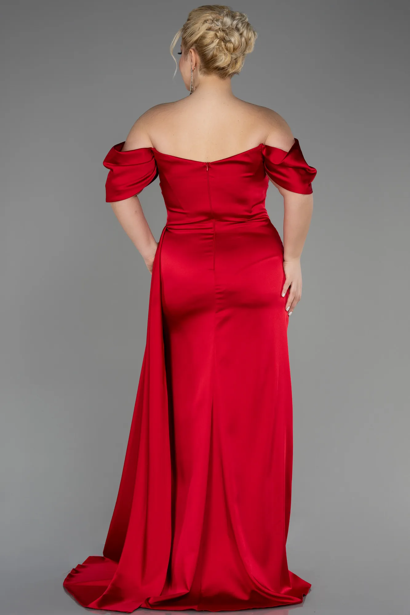 Red-Long Satin Plus Size Engagement Dress ABU3655