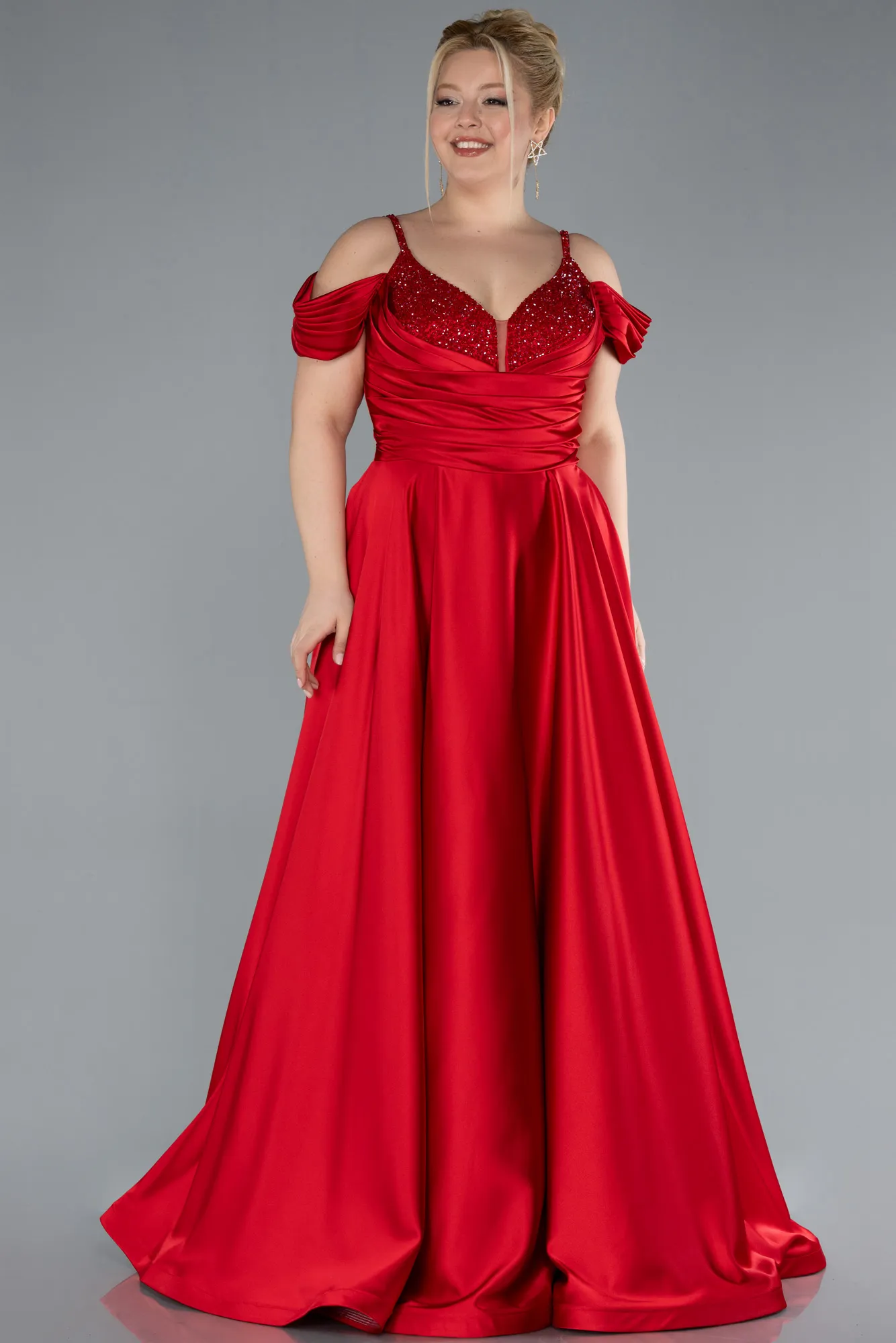 Red-Long Satin Plus Size Engagement Dress ABU4539