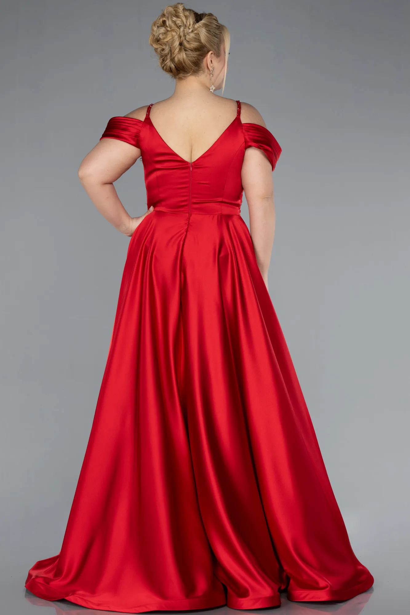 Red-Long Satin Plus Size Engagement Dress ABU4539