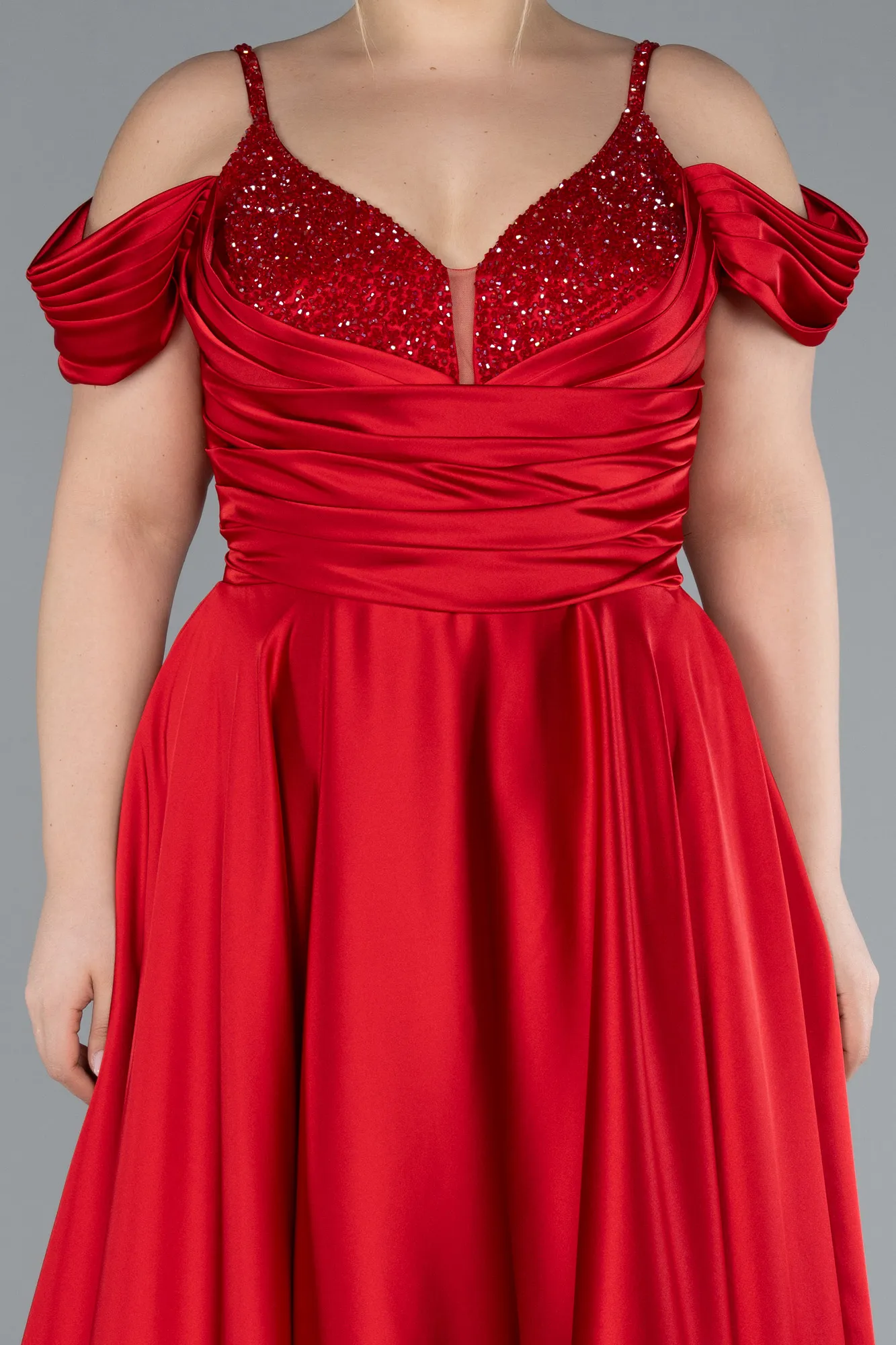 Red-Long Satin Plus Size Engagement Dress ABU4539