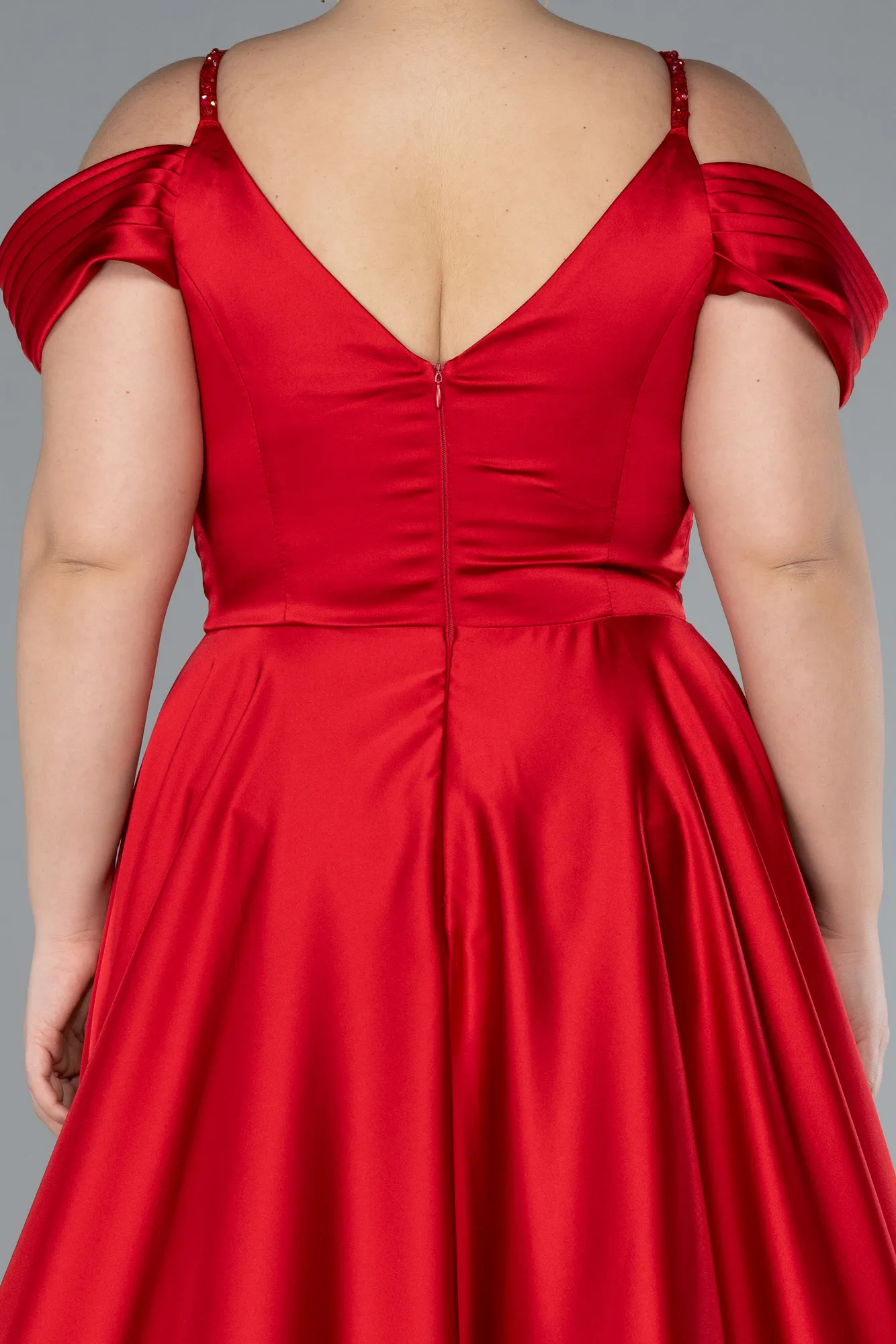 Red-Long Satin Plus Size Engagement Dress ABU4539