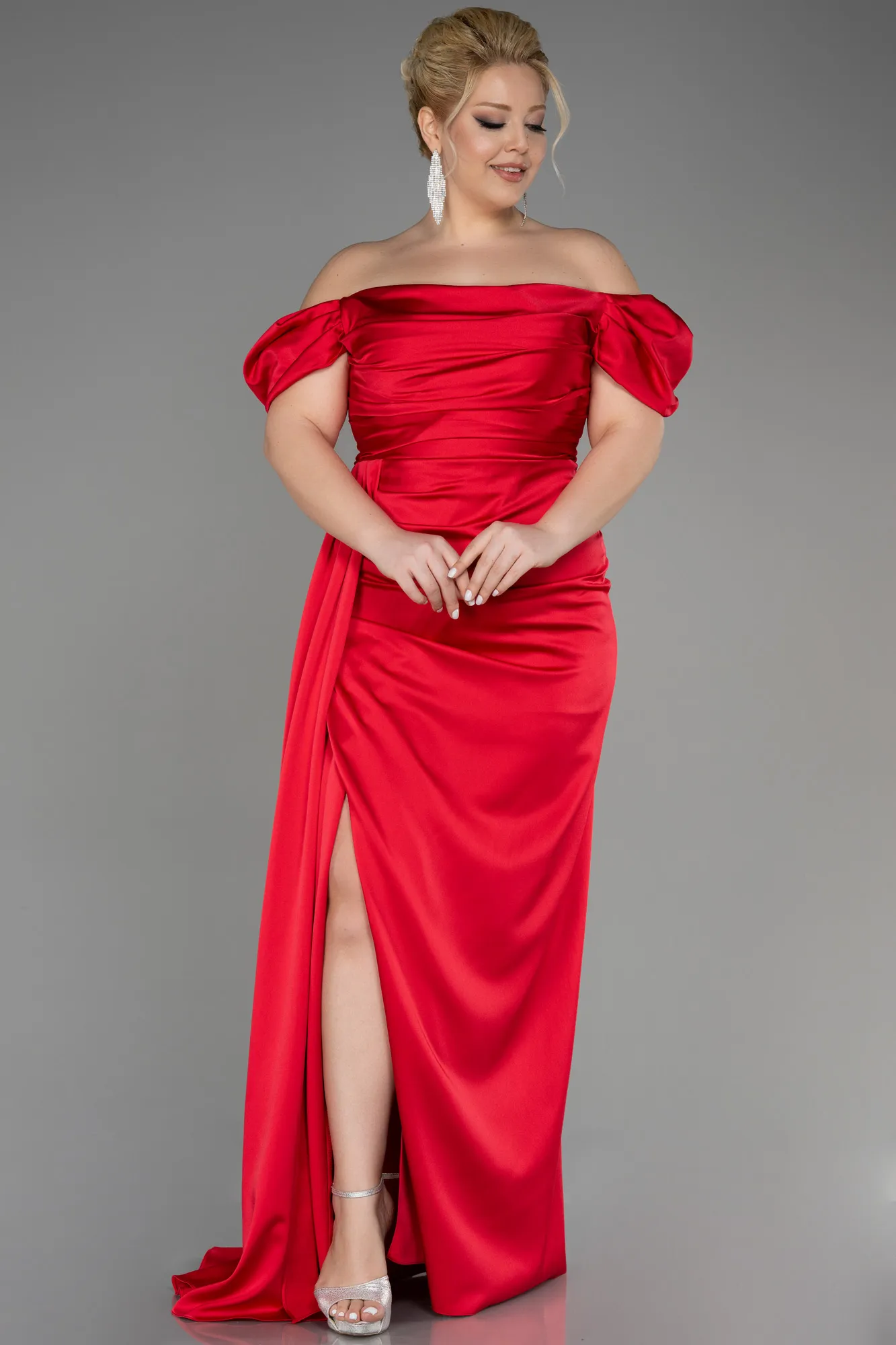 Red-Long Satin Plus Size Evening Dress ABU1626