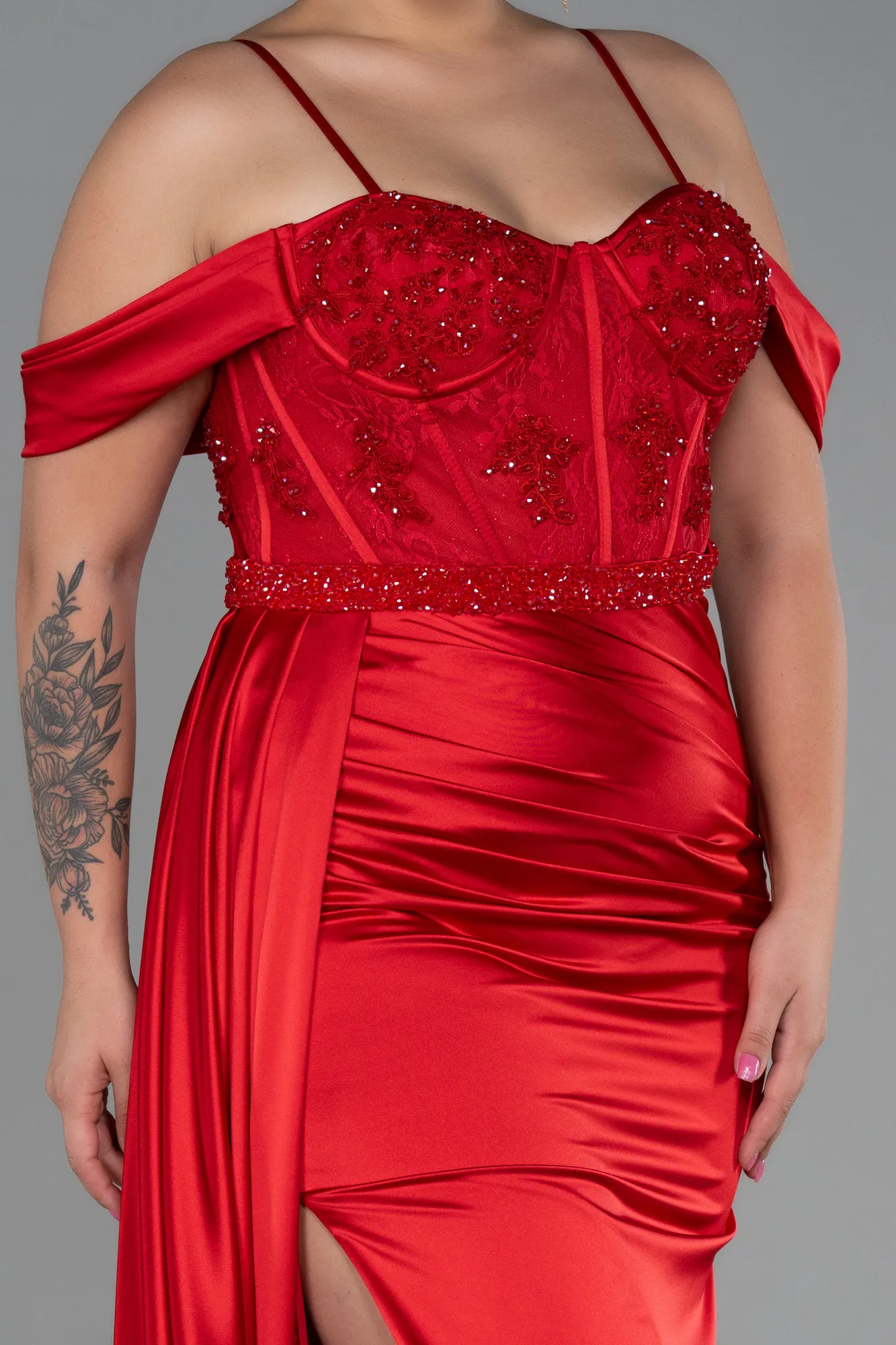 Red-Long Satin Plus Size Evening Dress ABU3228
