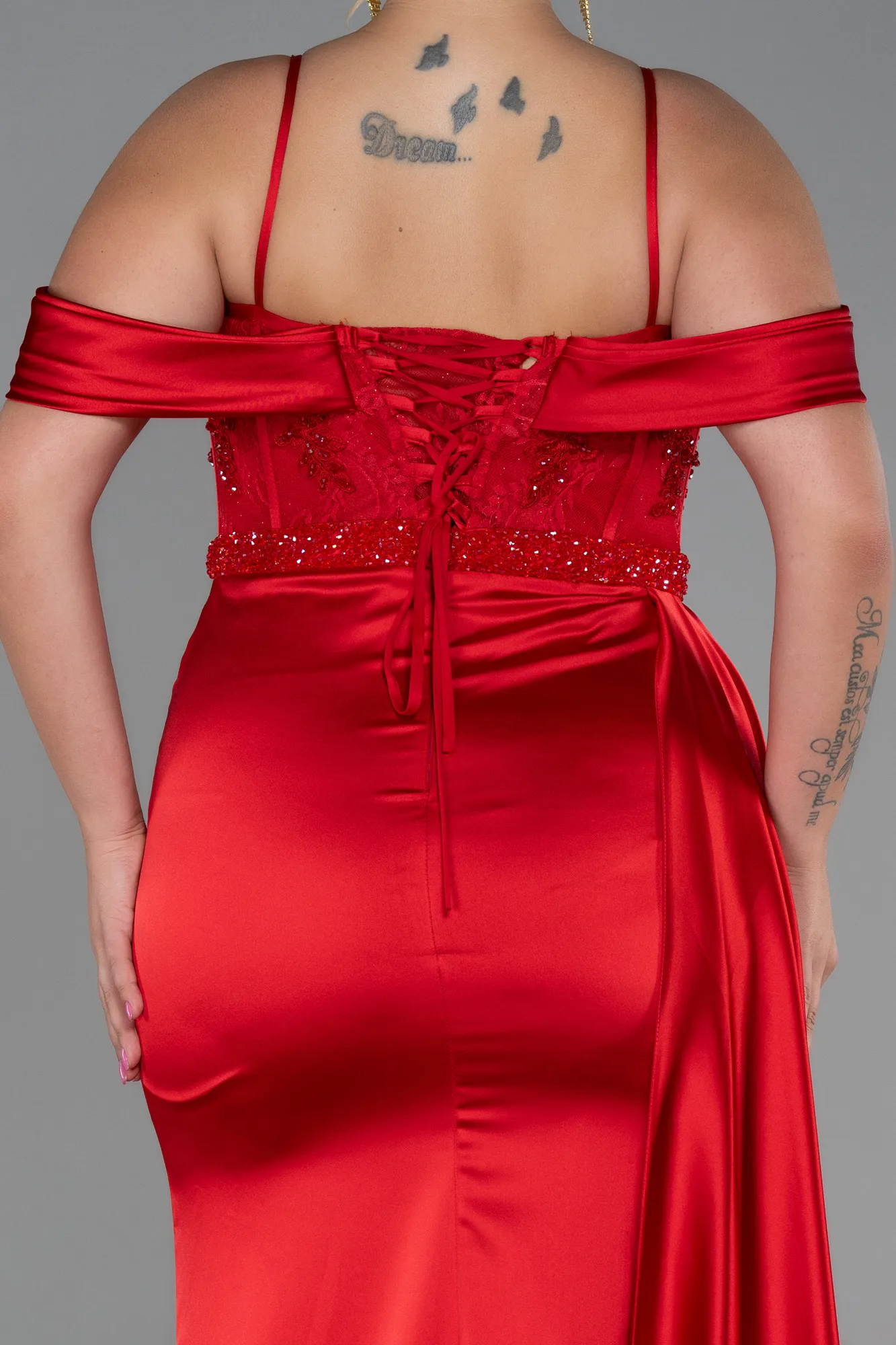 Red-Long Satin Plus Size Evening Dress ABU3228