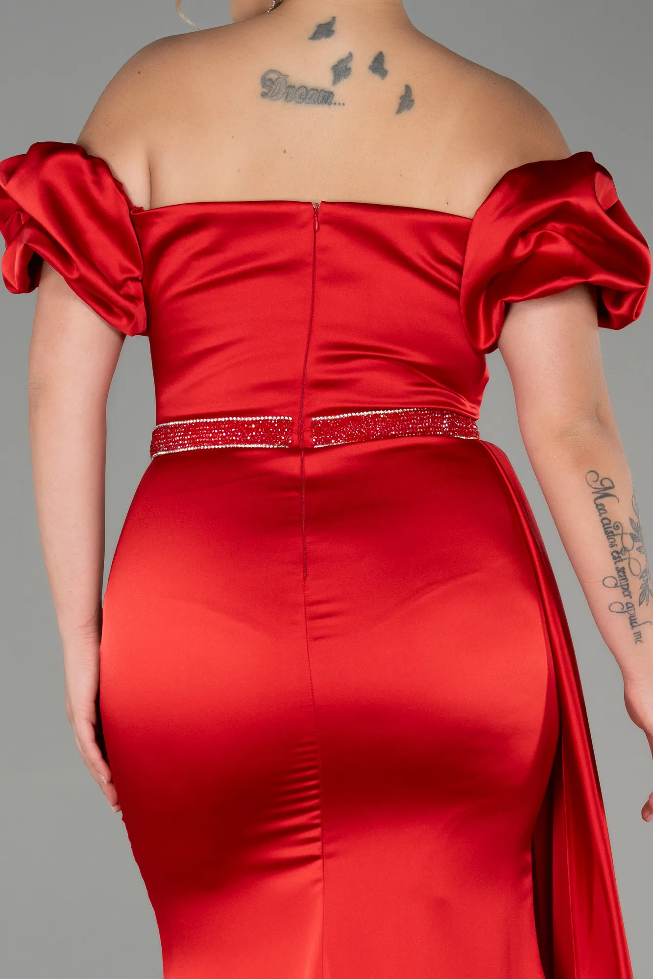 Red-Long Satin Plus Size Evening Dress ABU3332
