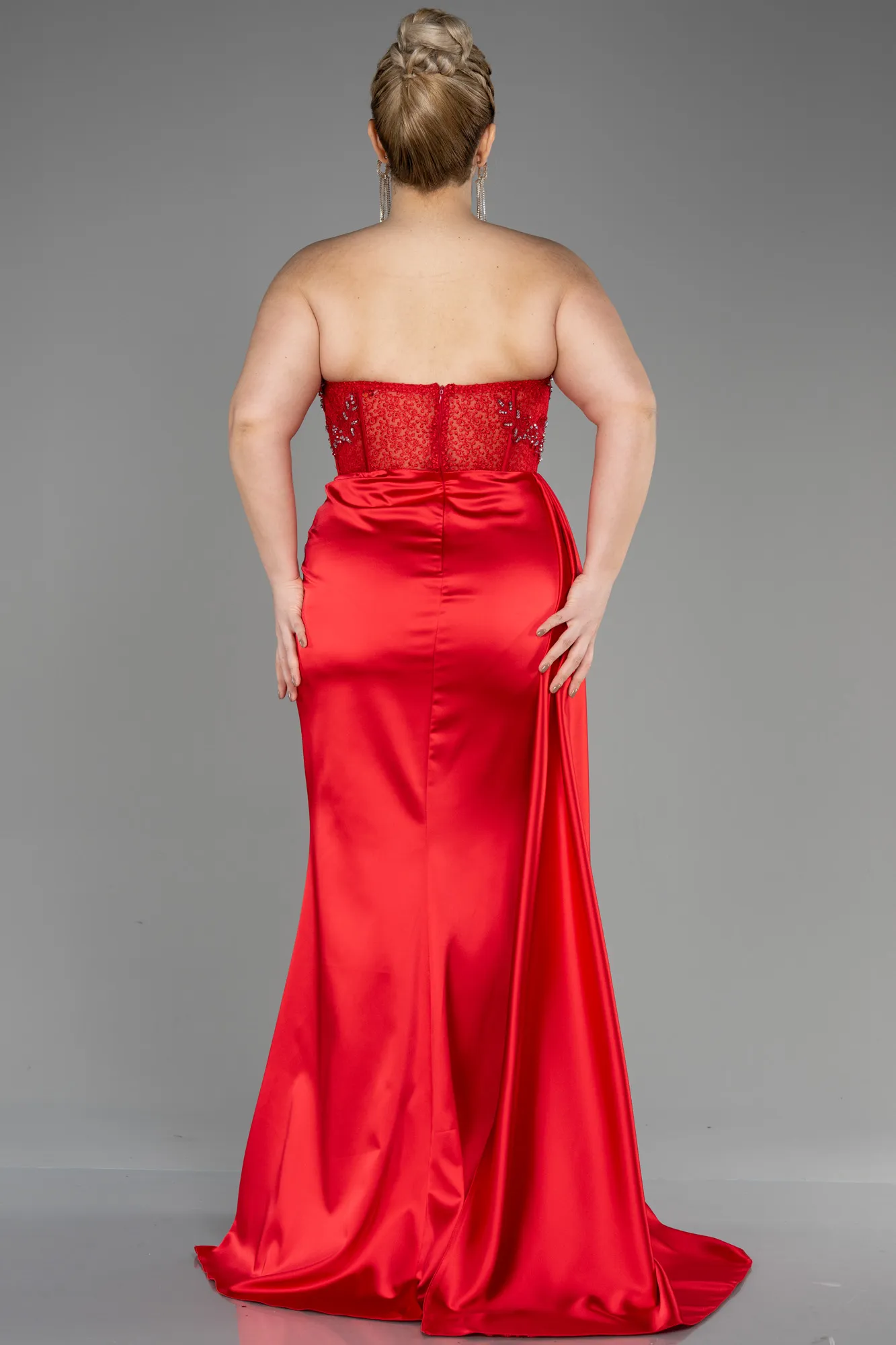 Red-Long Satin Plus Size Prom Dress ABU3855