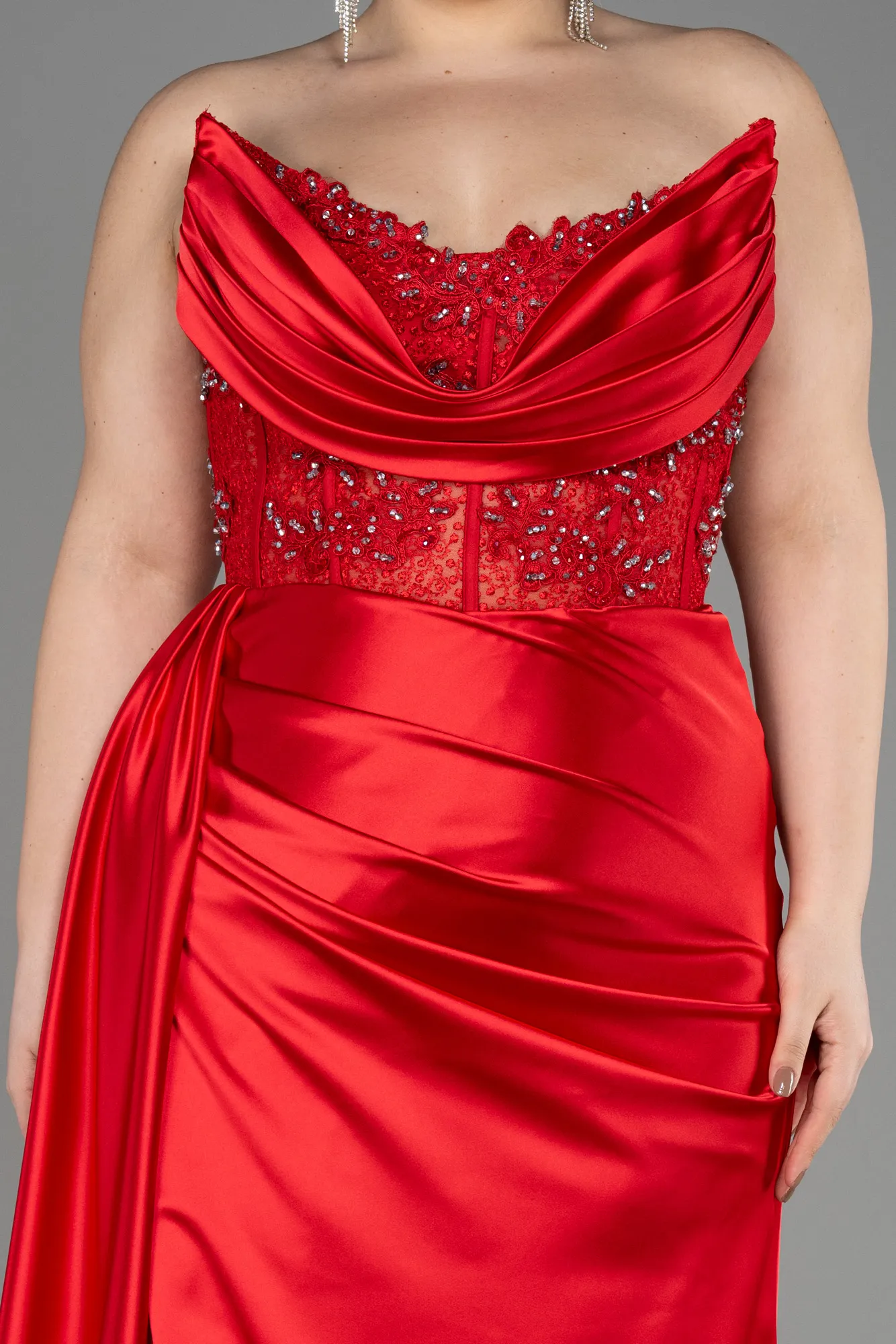 Red-Long Satin Plus Size Prom Dress ABU3855