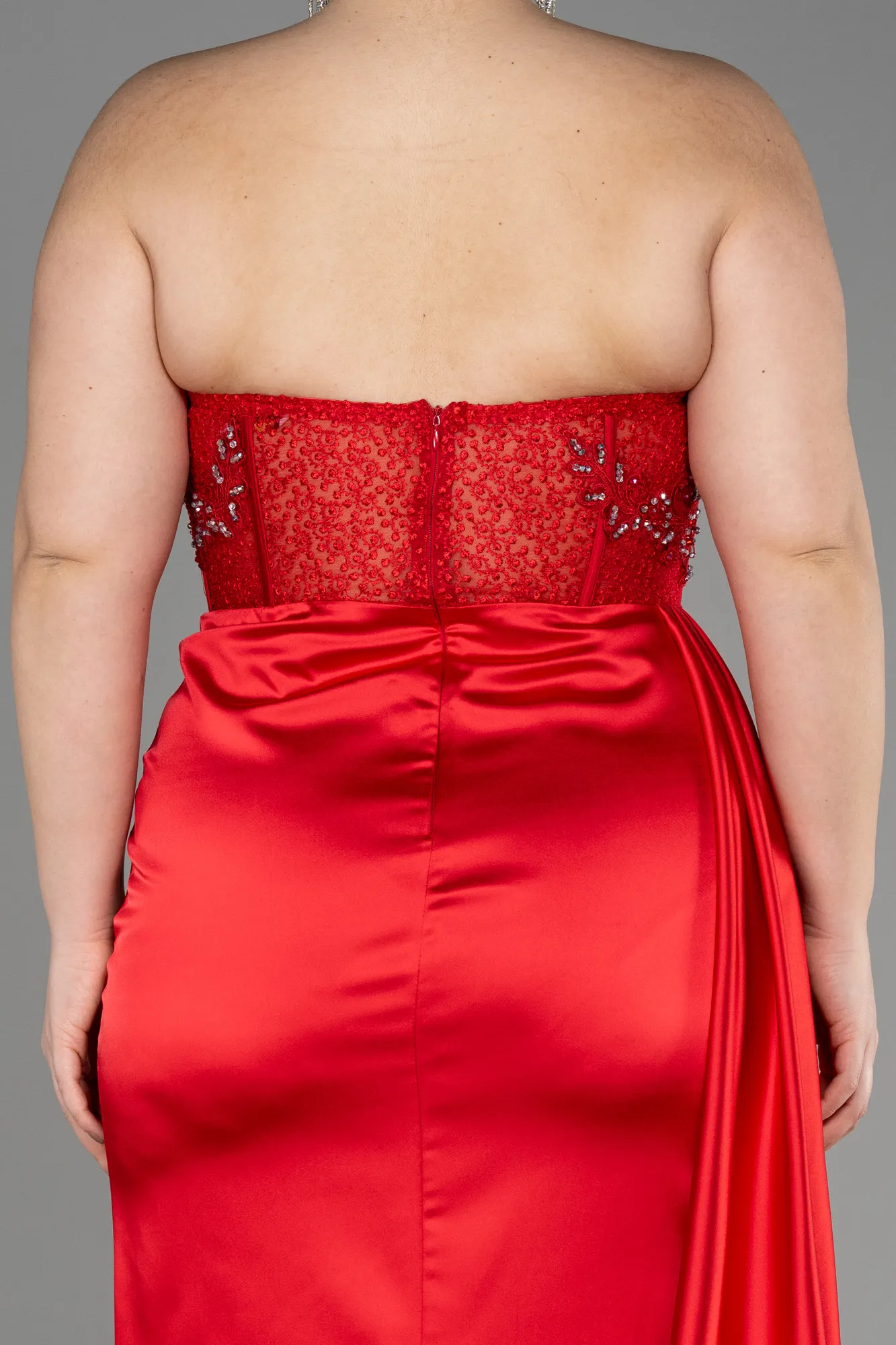 Red-Long Satin Plus Size Prom Dress ABU3855