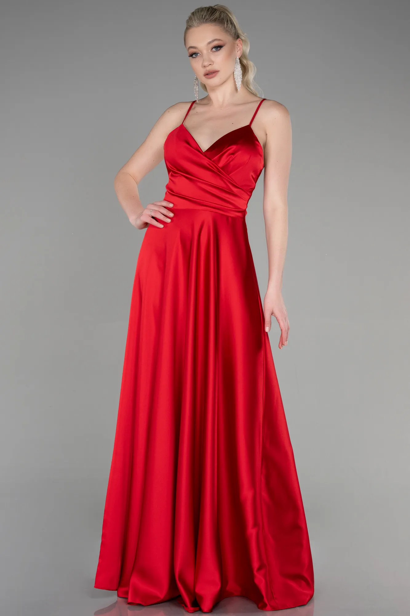 Red-Strappy Long Satin Prom Gown ABU3610