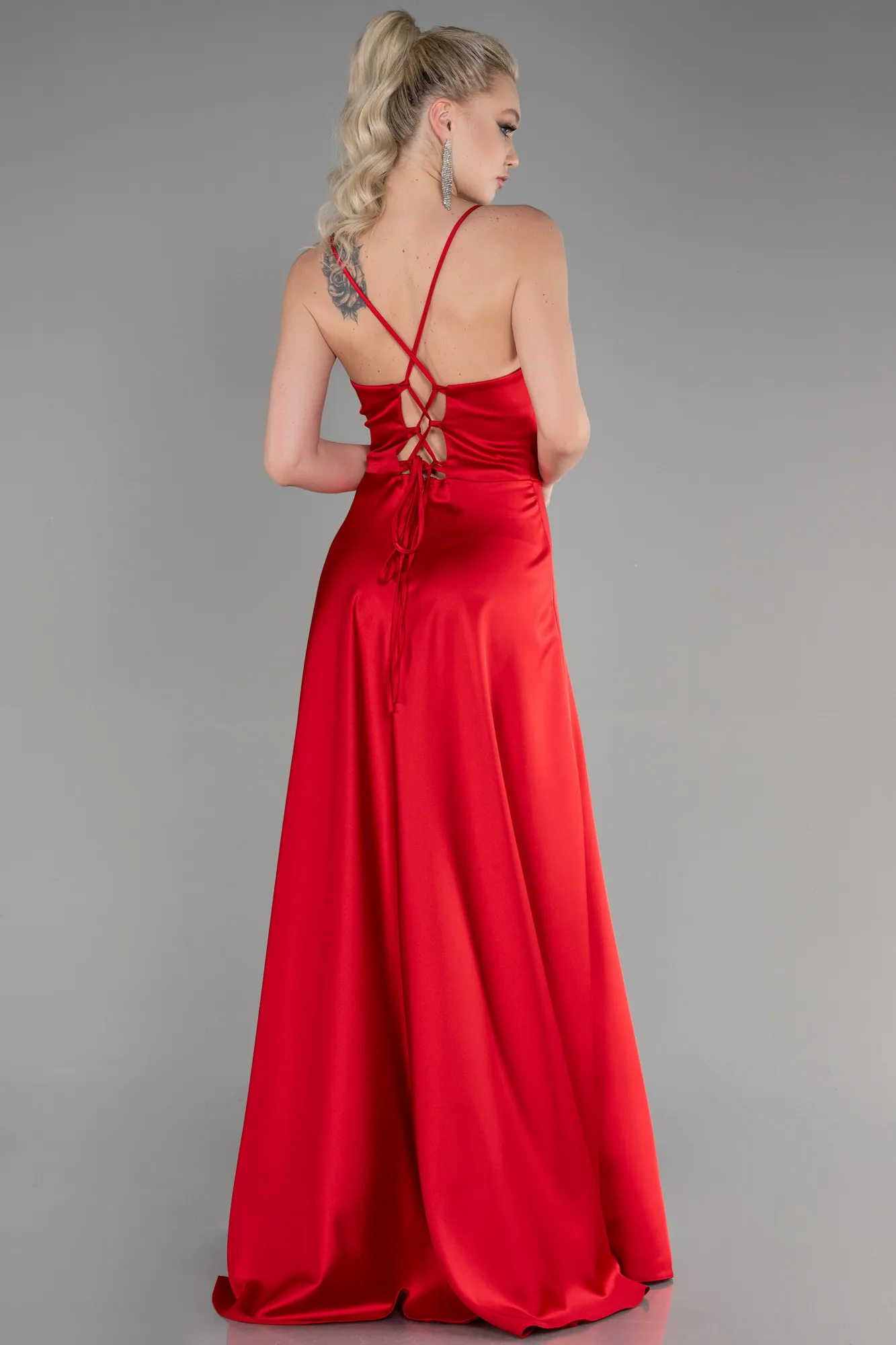 Red-Strappy Long Satin Prom Gown ABU3610
