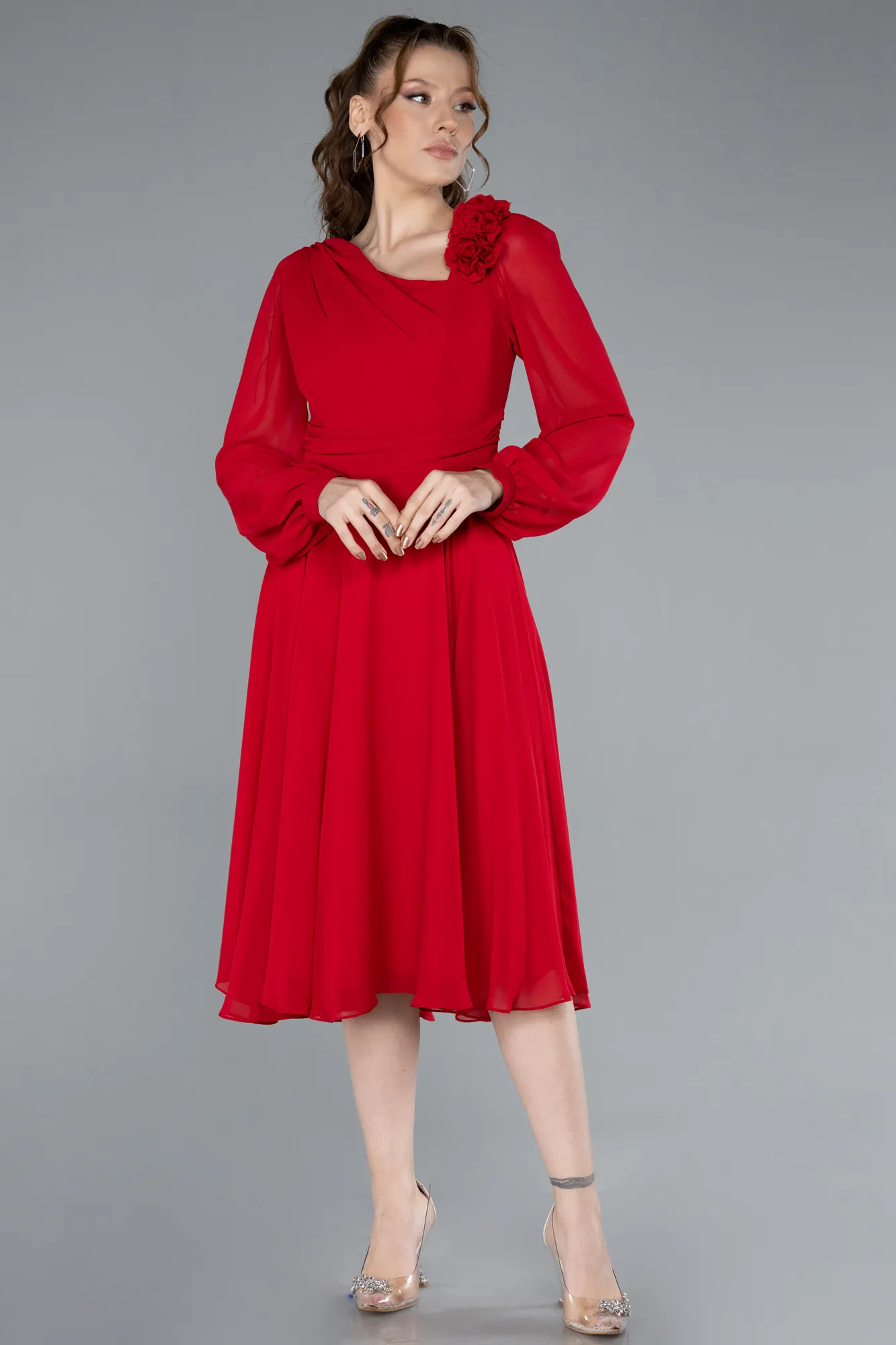 Red-Long Sleeve Midi Chiffon Cocktail Dress ABK2268