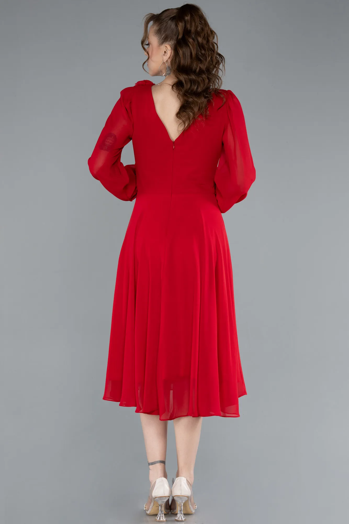 Red-Long Sleeve Midi Chiffon Cocktail Dress ABK2268