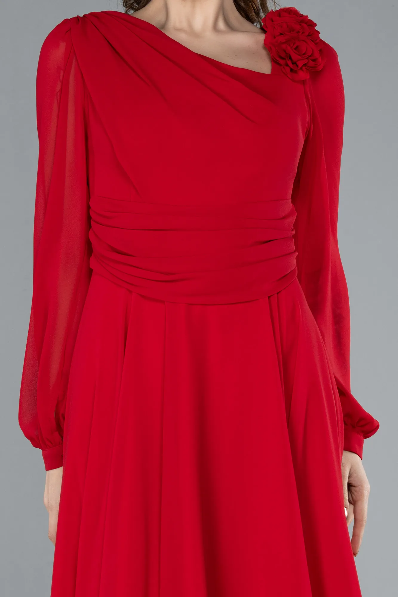 Red-Long Sleeve Midi Chiffon Cocktail Dress ABK2268